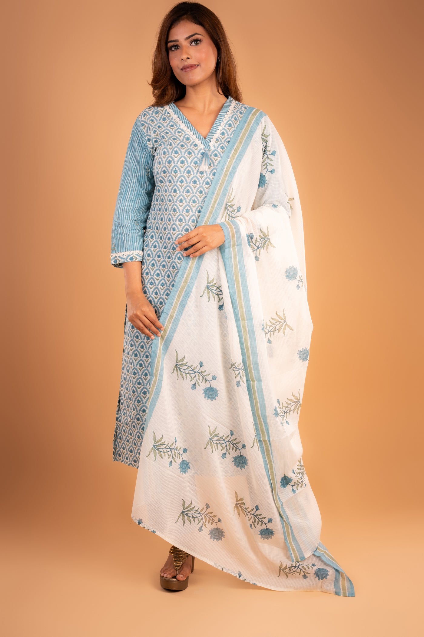 Blue & Beige Printed Kurta set with Lace Trim
