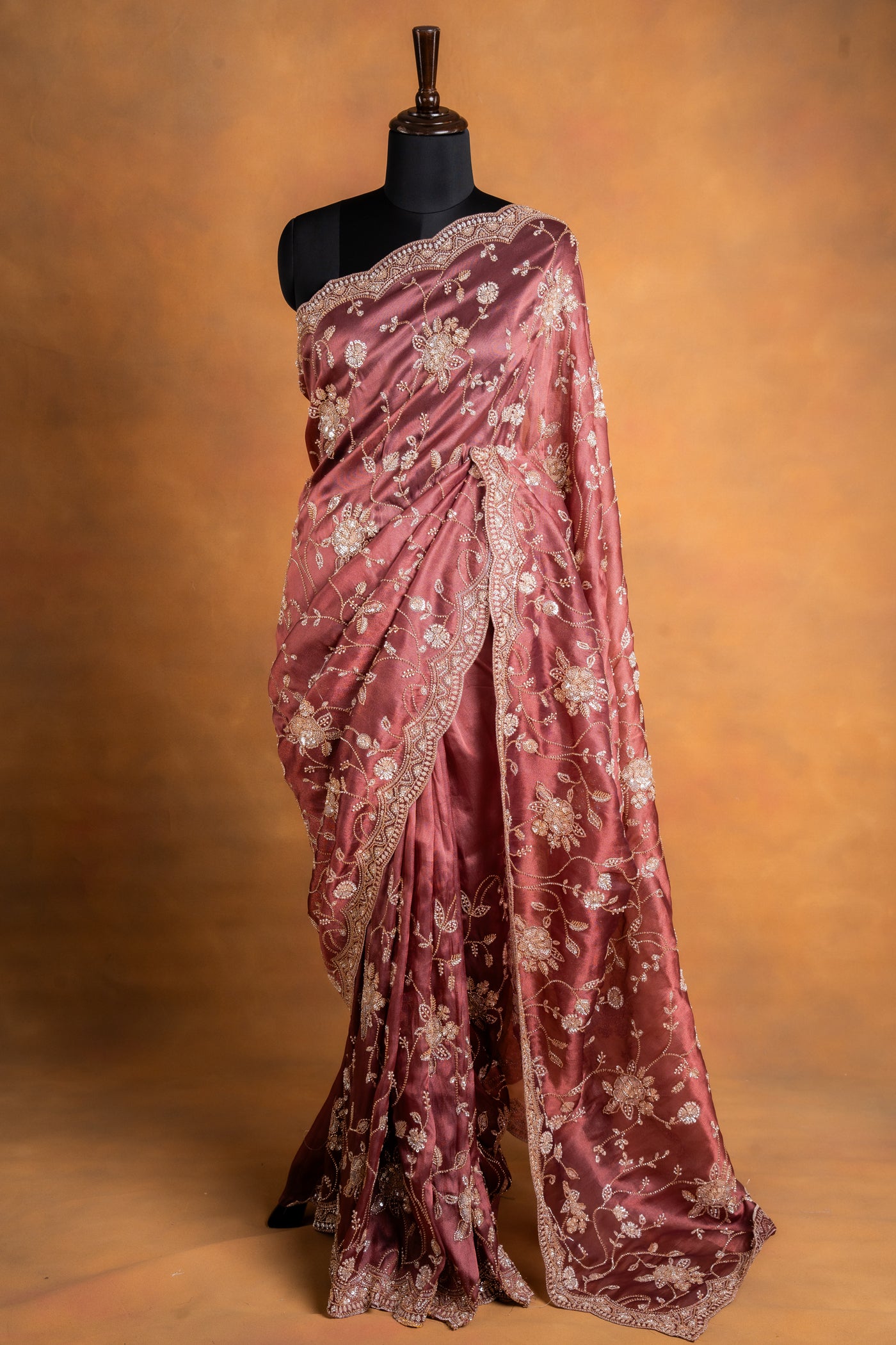Mauve Floral Embroidered Organza tissue Saree (RTS)