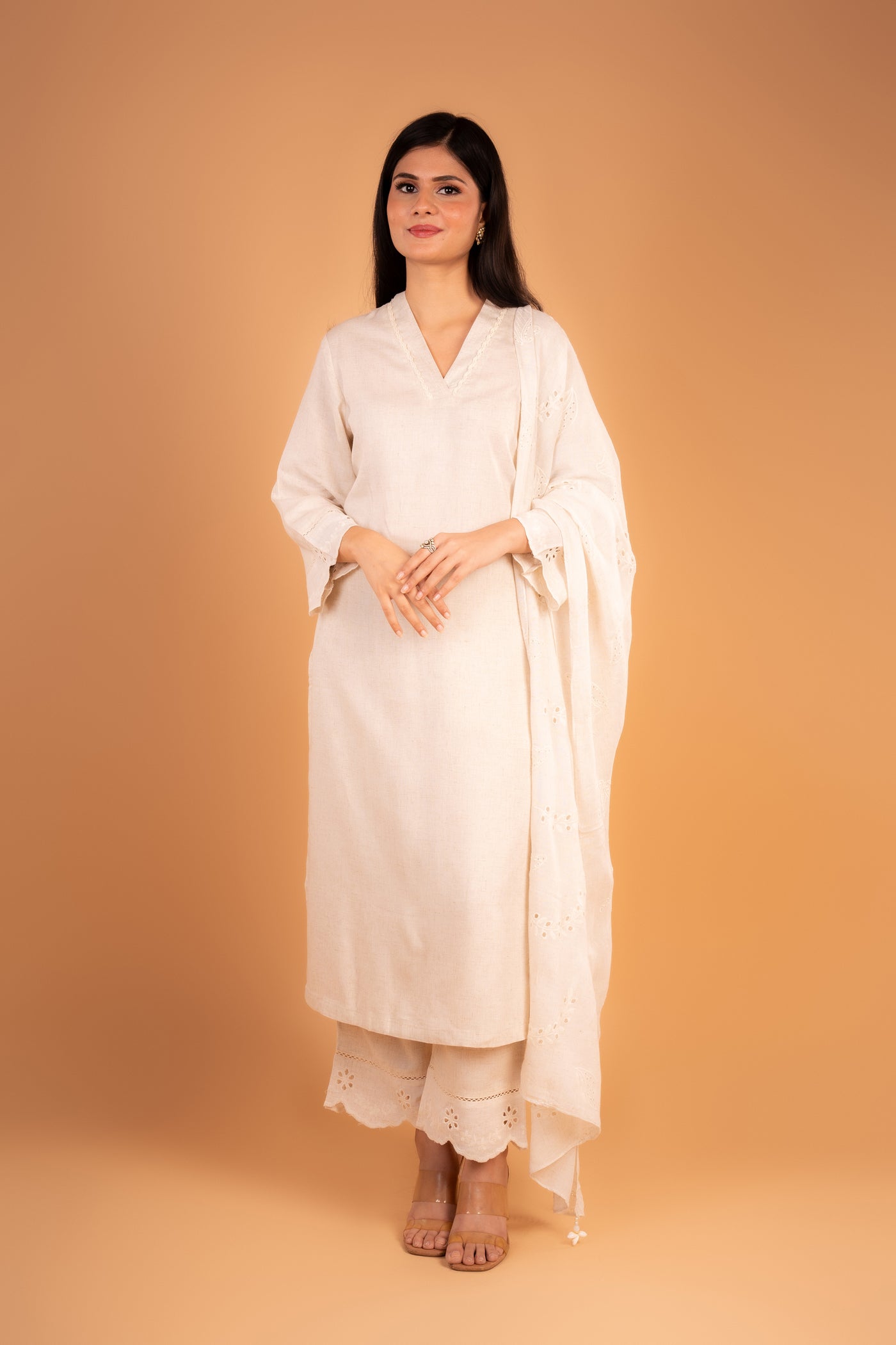 off‑white (beige) Linen Kurta set with Embroidered sleeves