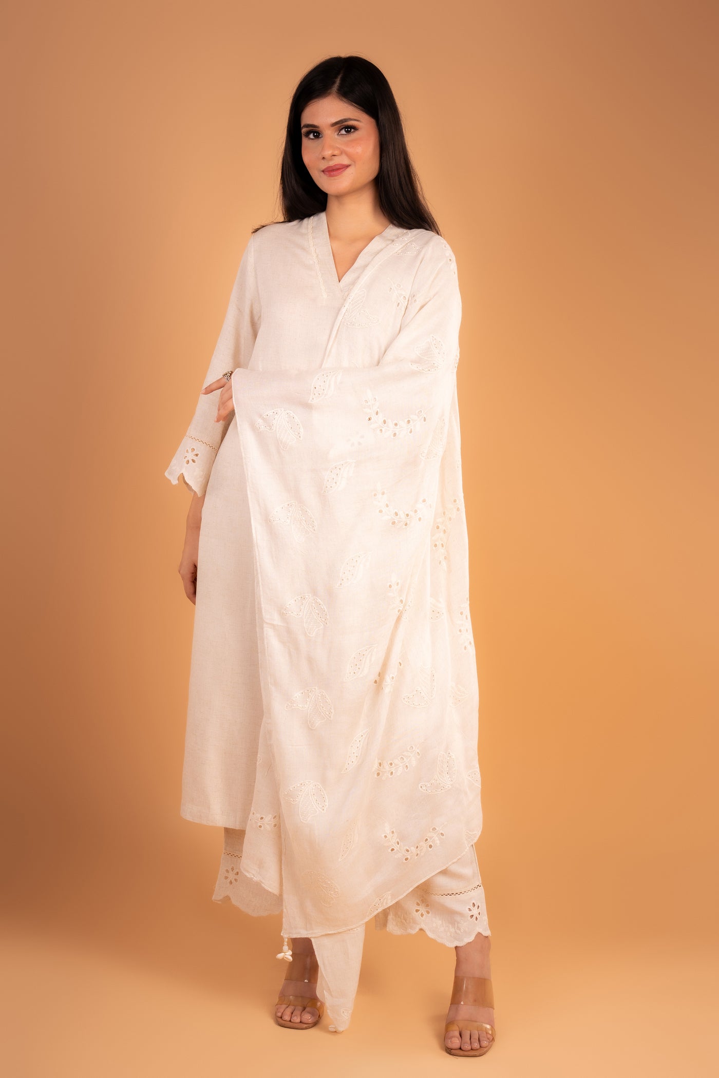 off‑white (beige) Linen Kurta set with Embroidered sleeves