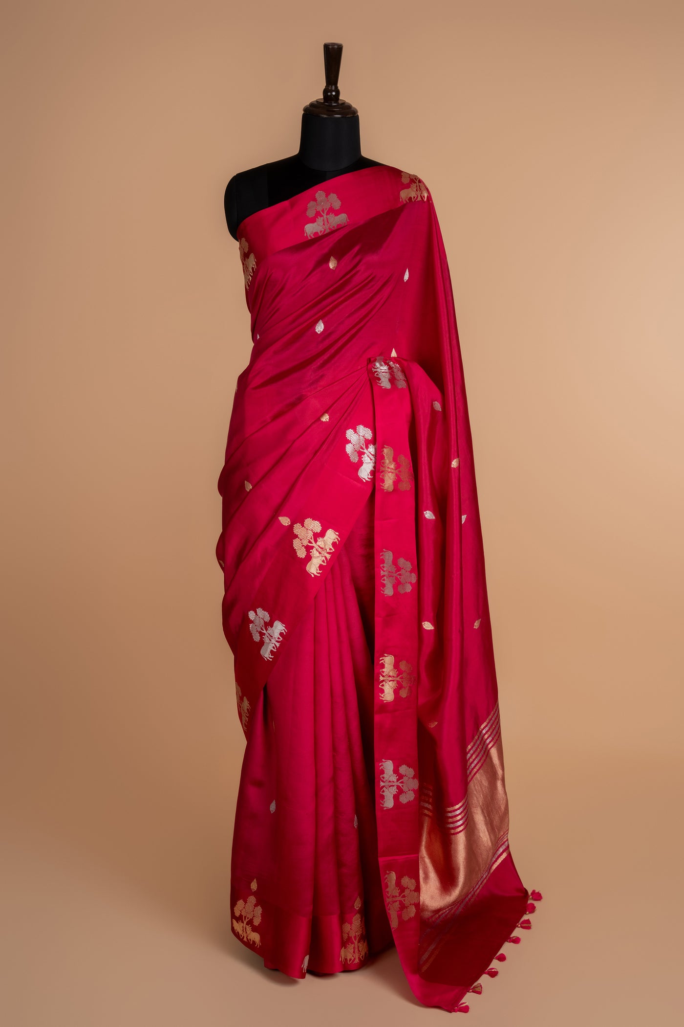 Hot Pink Elephant Motif Pure Chiniya Silk Saree (RTS)