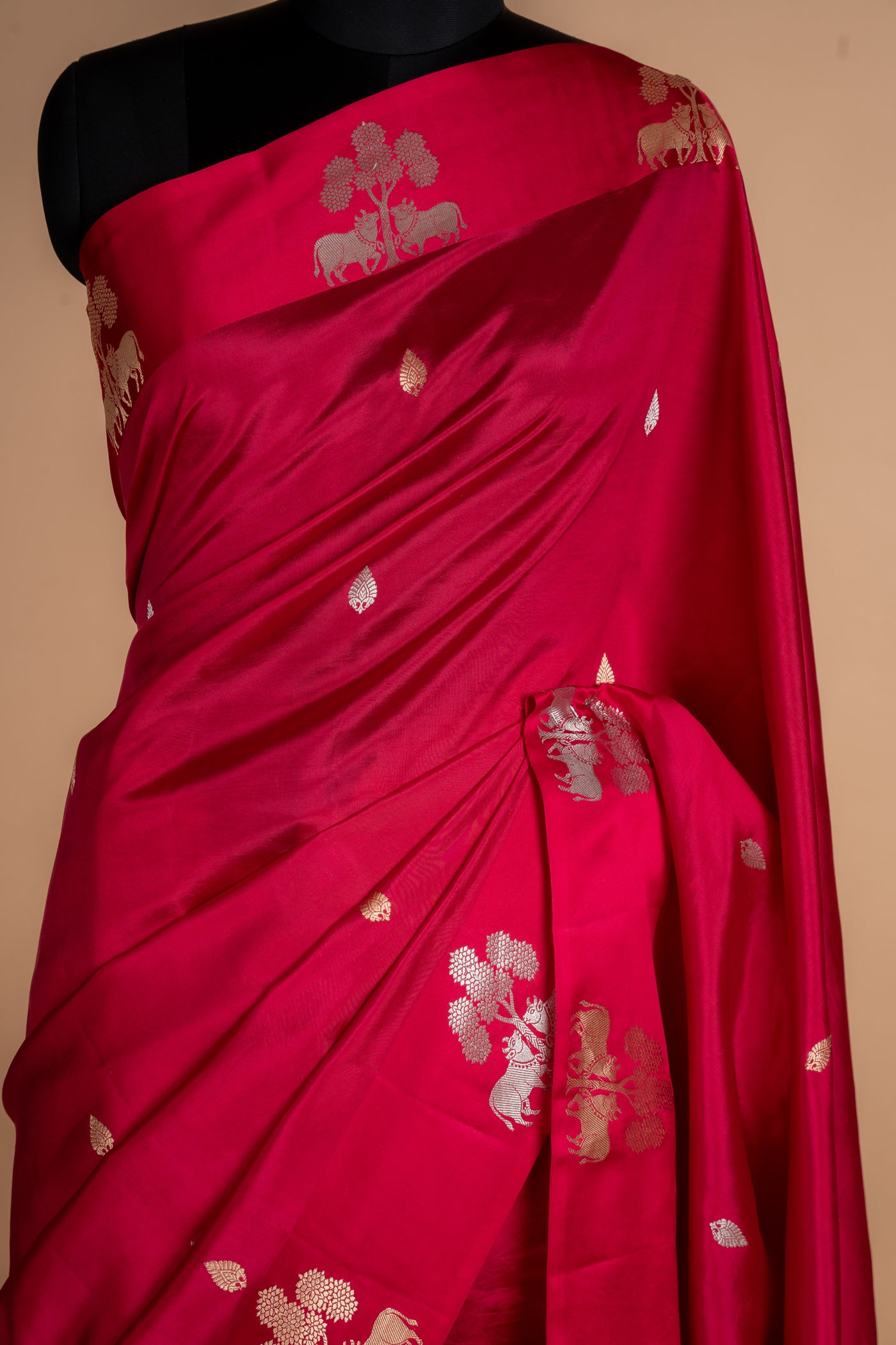 Hot Pink Elephant Motif Pure Chiniya Silk Saree (RTS)