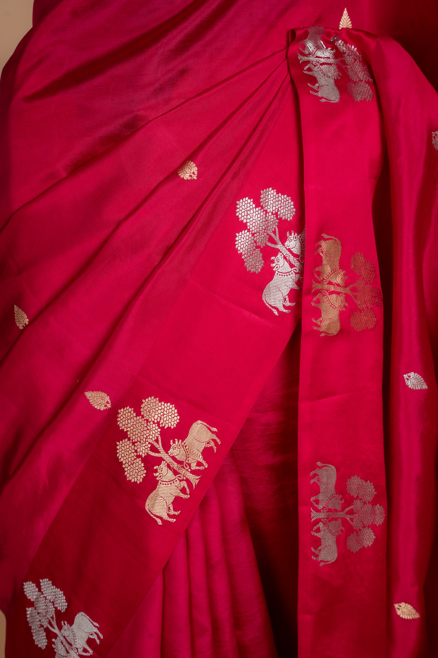 Hot Pink Elephant Motif Pure Chiniya Silk Saree (RTS)