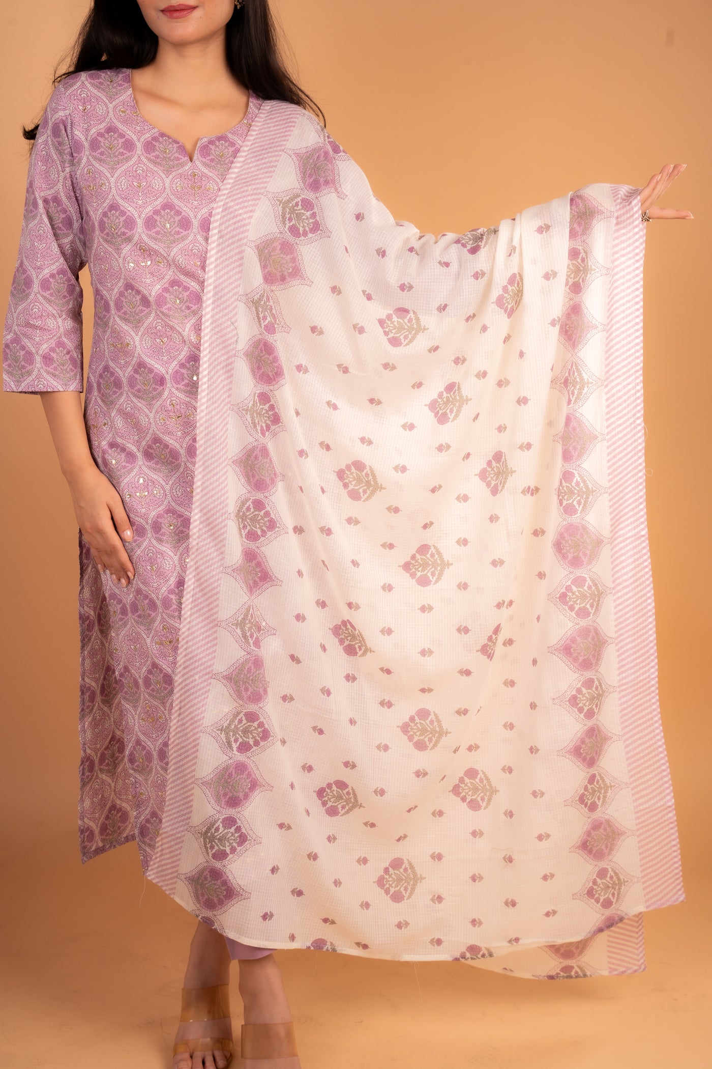 Pink Foil‑Printed Kurta set with Mirror and sequin Work