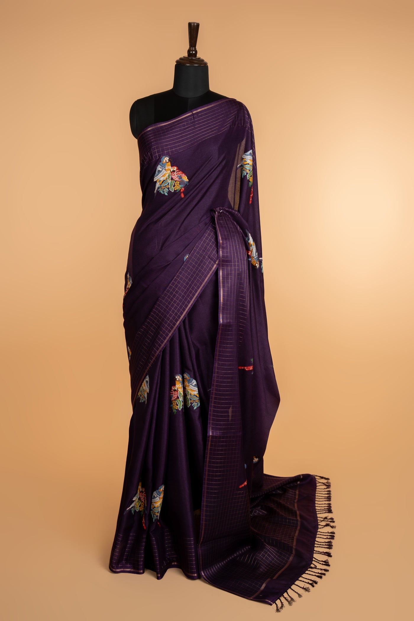 Deep Aubergine Parrot Motif Tussar Silk Saree (RTS)