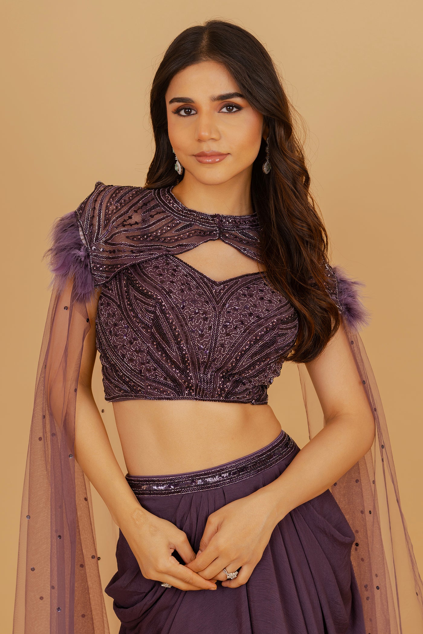 Plum purple draped skirt set with fur