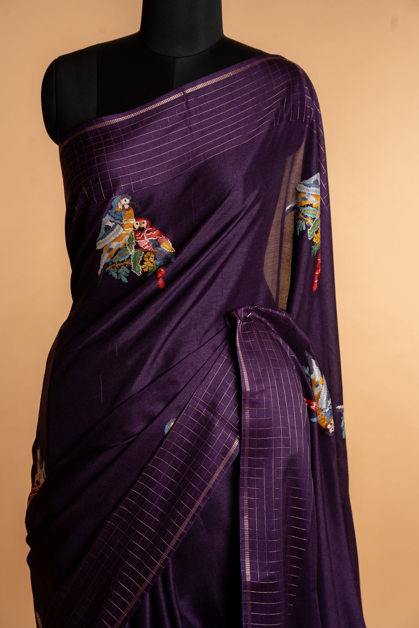 Deep Aubergine Parrot Motif Tussar Silk Saree (RTS)