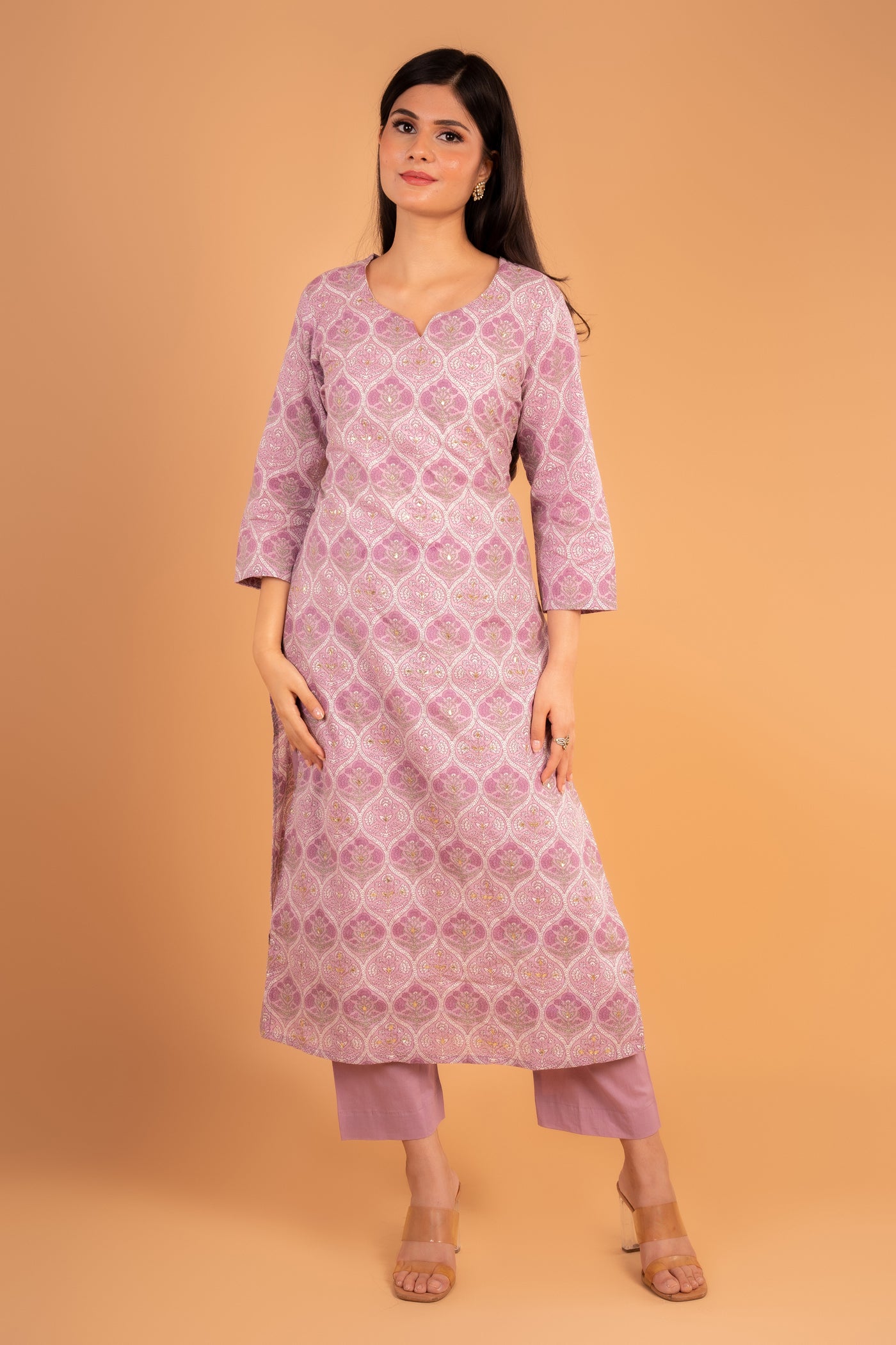 Pink Foil‑Printed Kurta set with Mirror and sequin Work