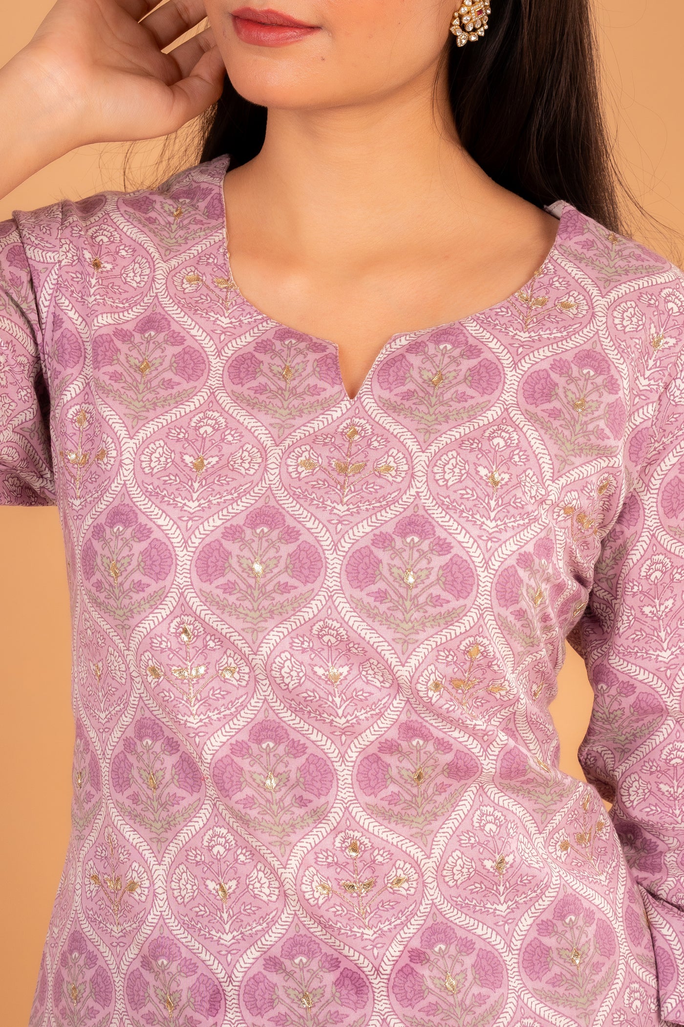Pink Foil‑Printed Kurta set with Mirror and sequin Work