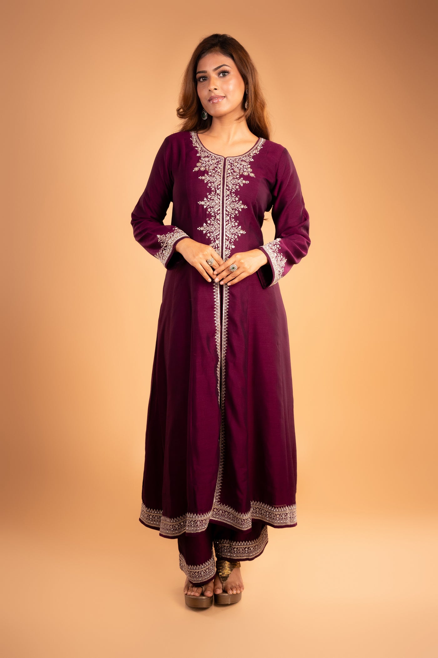 Elegant Wine Embroidered readymade Anarkali with contrast dupatta