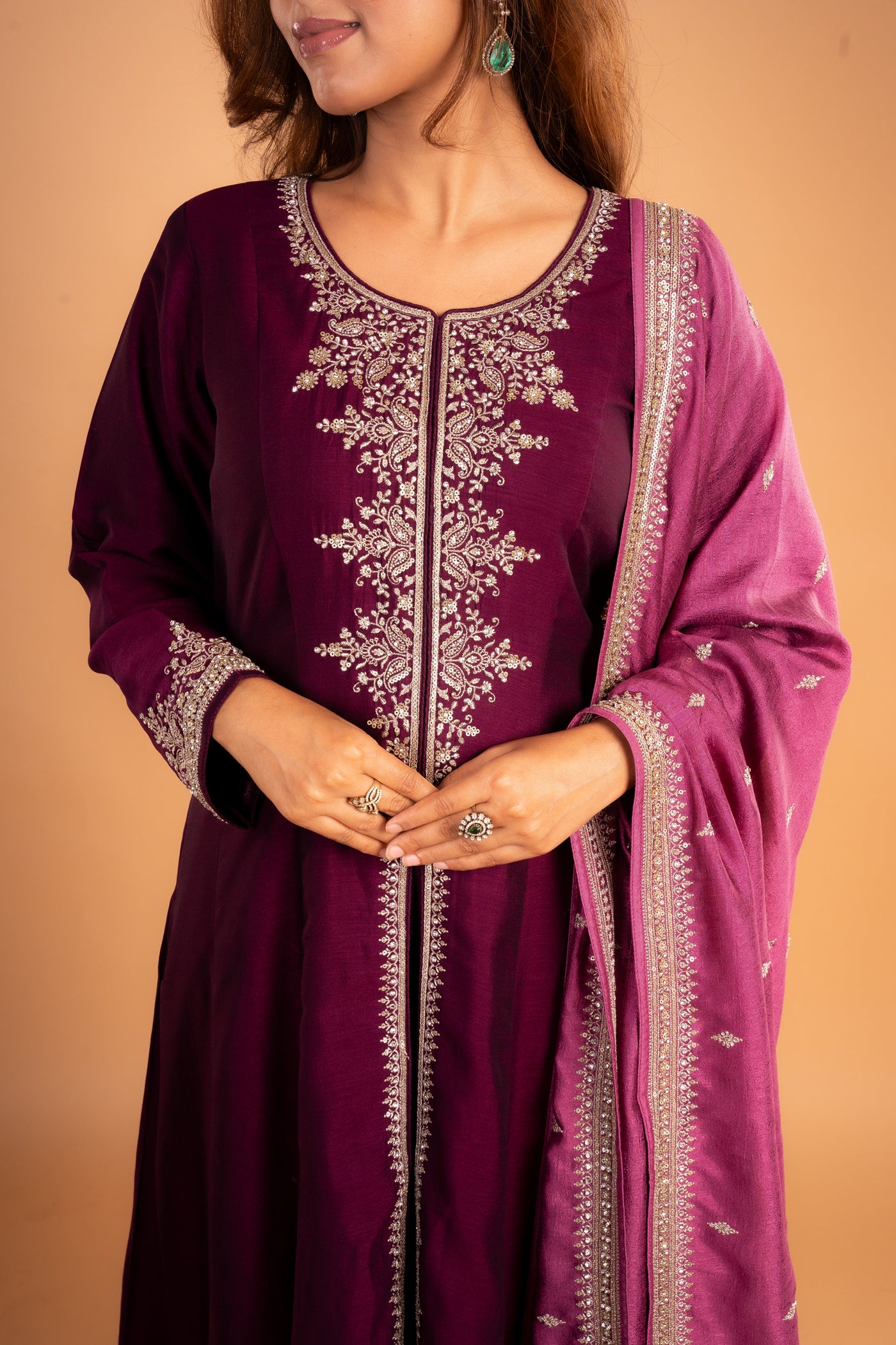 Elegant Wine Embroidered readymade Anarkali with contrast dupatta