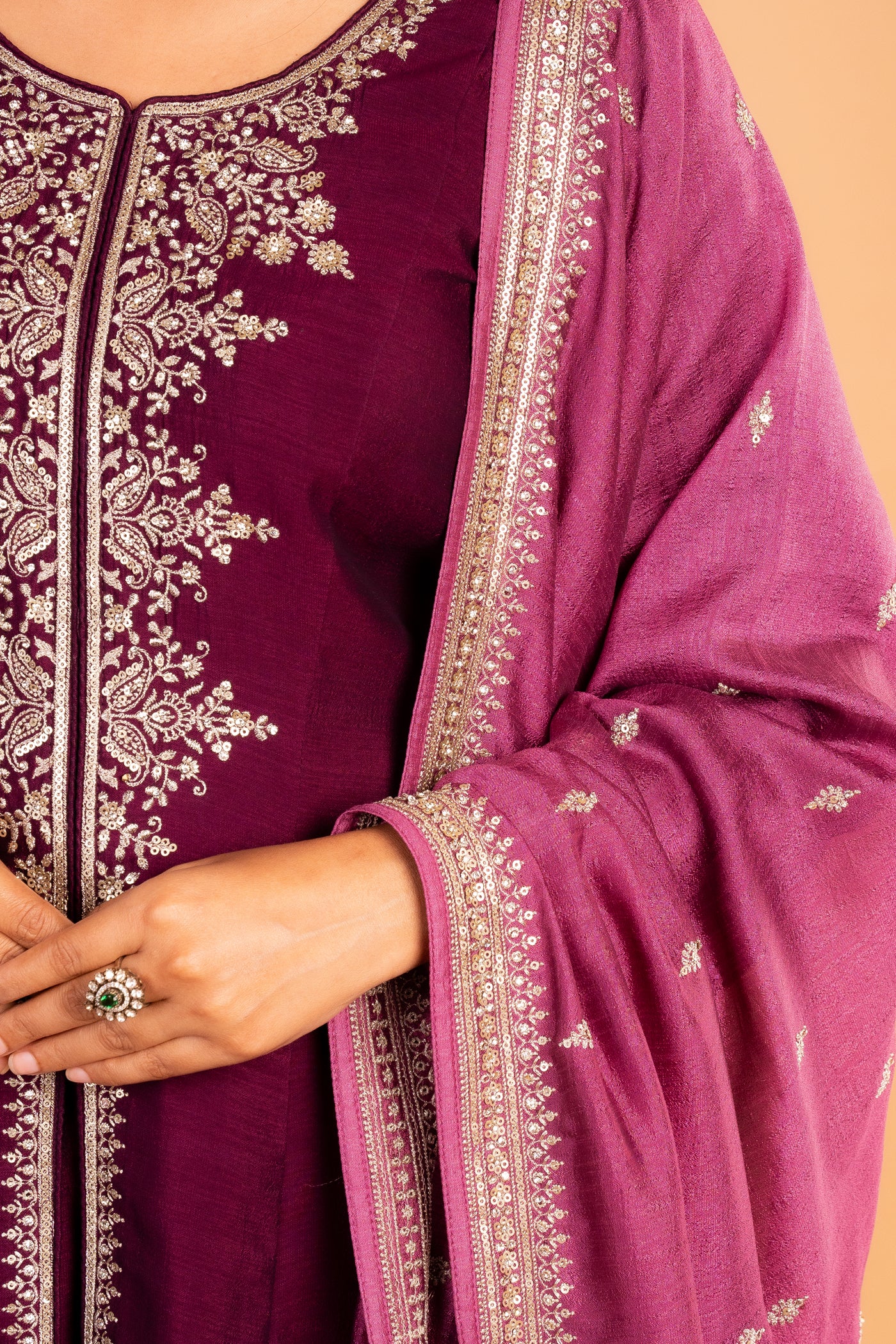 Elegant Wine Embroidered readymade Anarkali with contrast dupatta