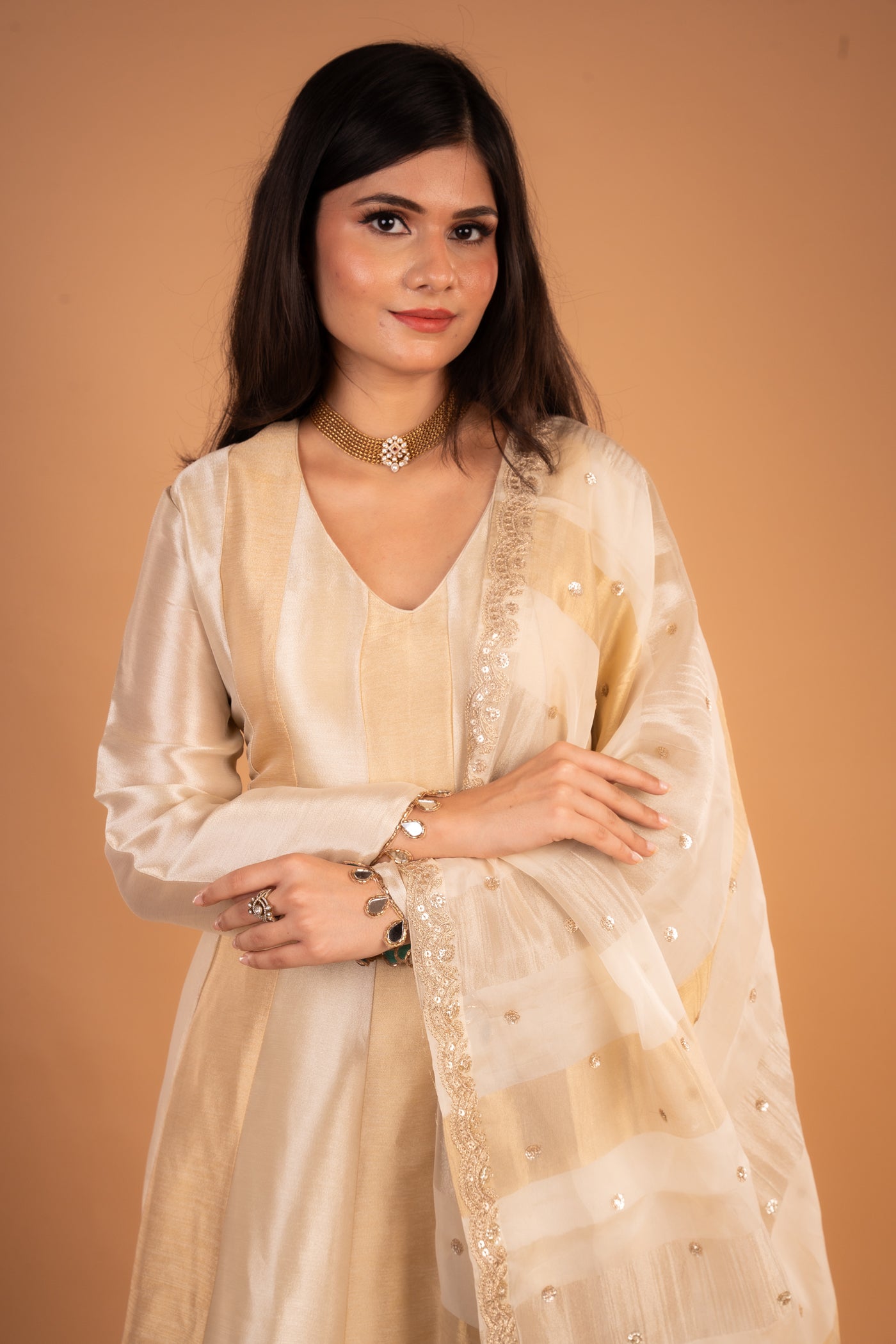 Champagne Gold and silver banaras tissue Silk Anarkali with Mirror work