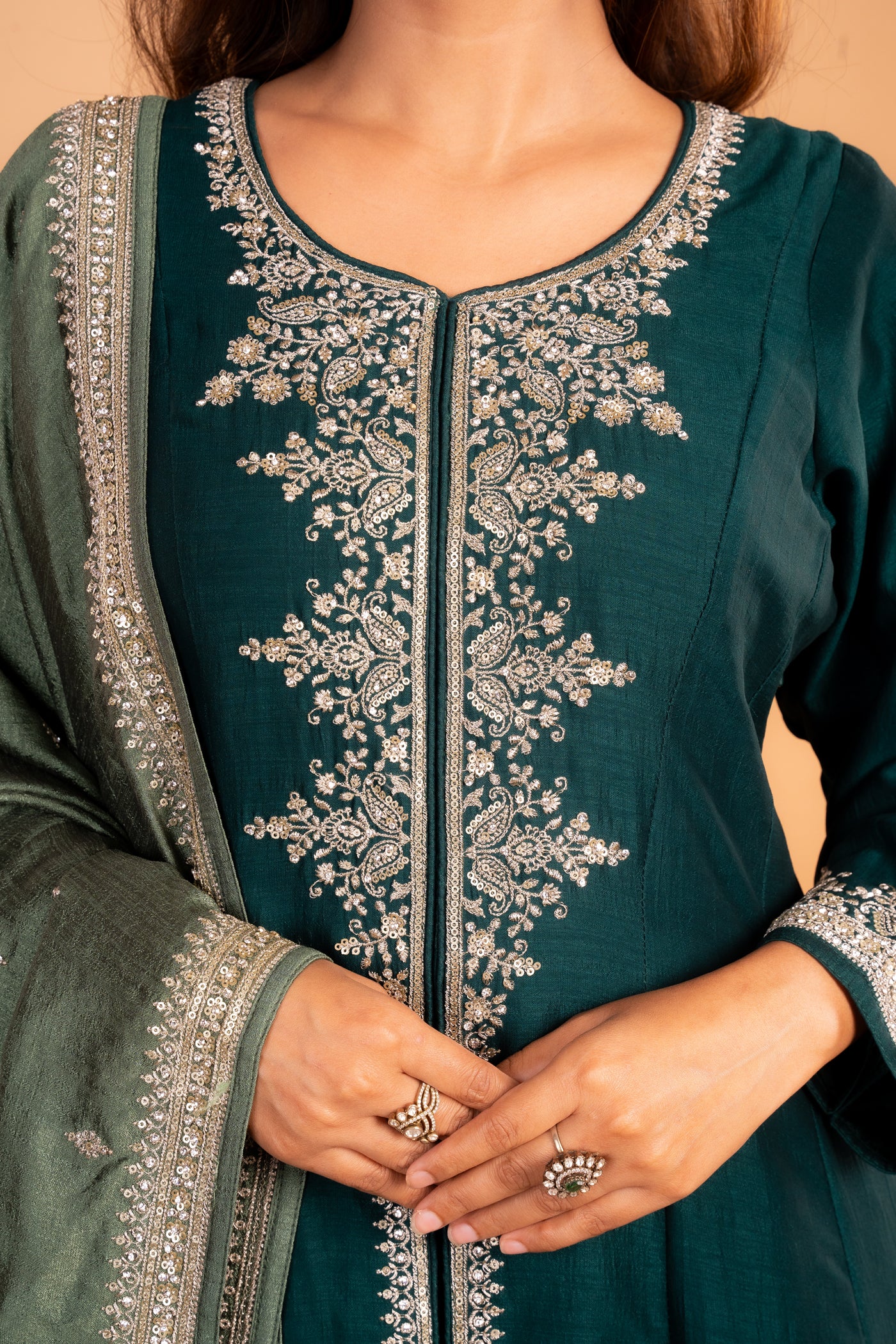 Teal Blue Anarkali with Gold Aari Embroidery