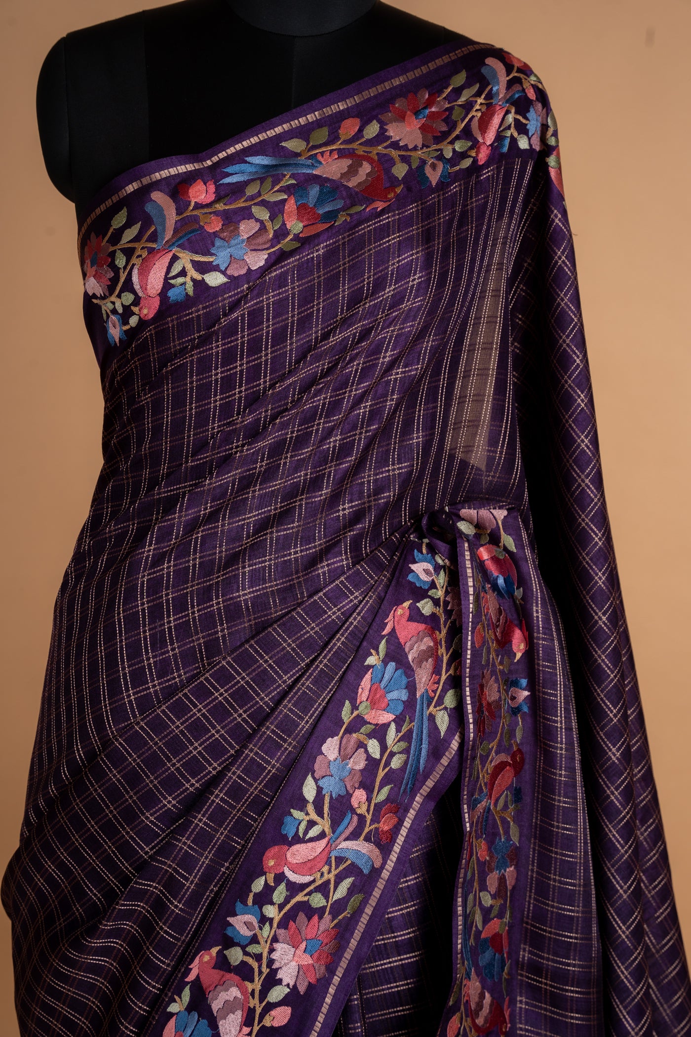 Navy Blue Zari Checks Parsi Border Tussar Silk Saree (RTS)