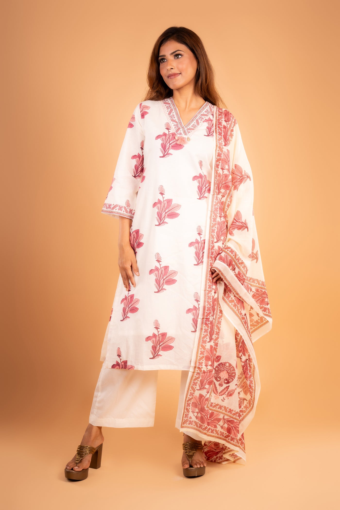 White & Blush Pink Floral Printed V-Neck Kurta set