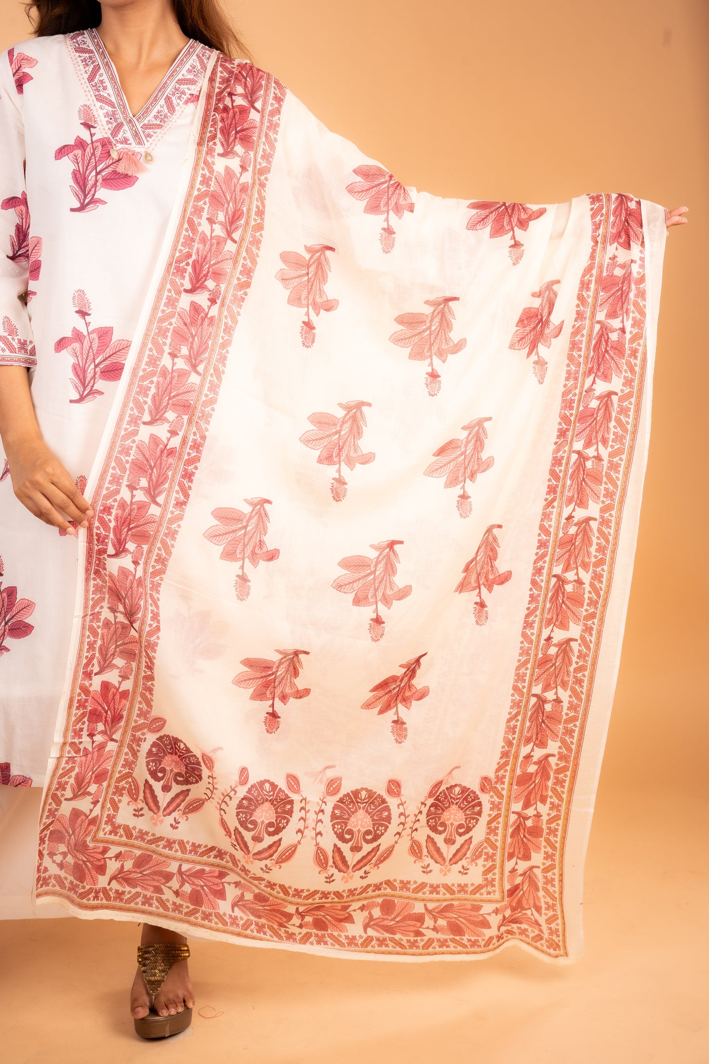 White & Blush Pink Floral Printed V-Neck Kurta set