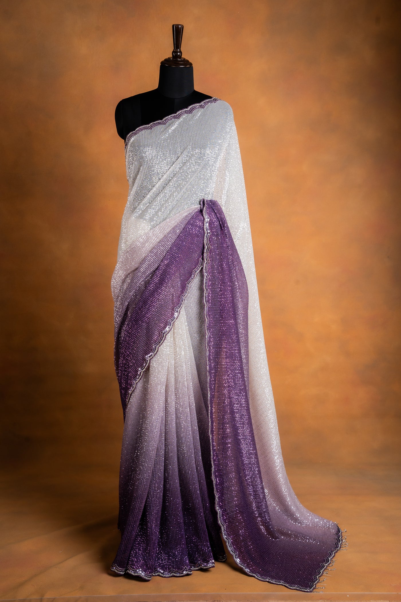 Silver to Purple Ombre Sequins  Saree with Scallop Border (RTS)