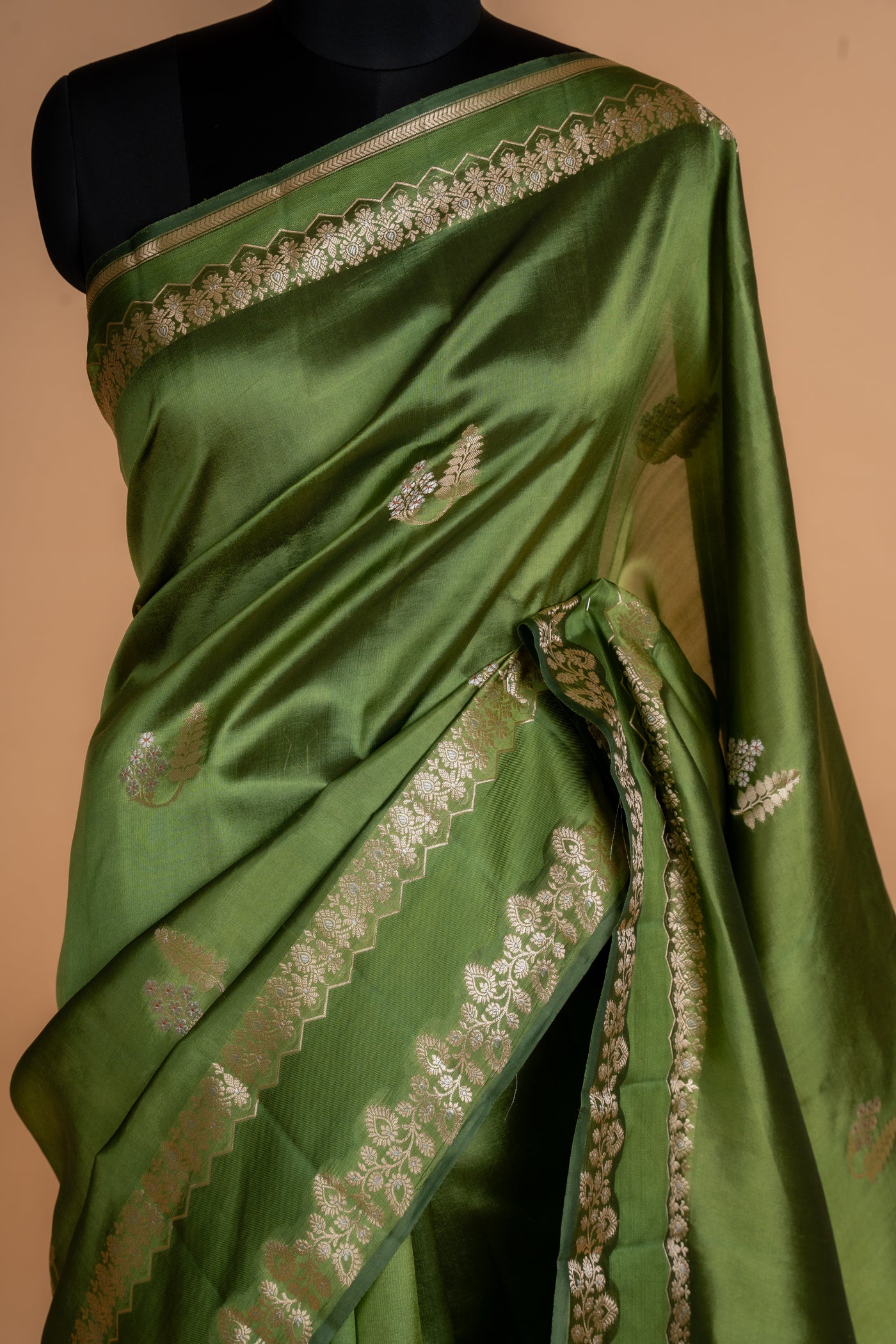 Saje Green Chiniya Silk Saree with Brocade Pallu (RTS)