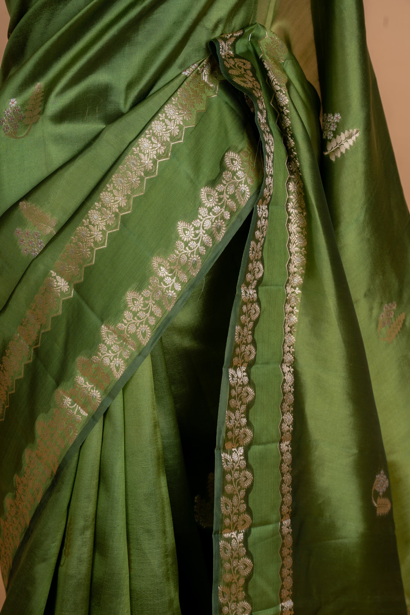Saje Green Chiniya Silk Saree with Brocade Pallu (RTS)