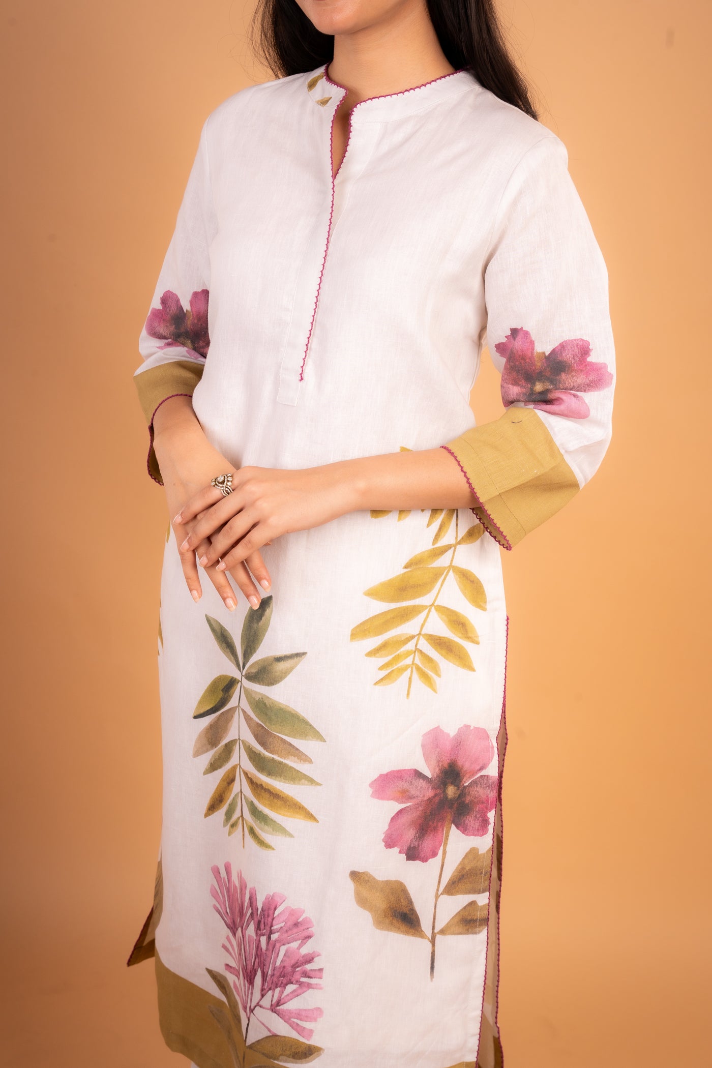 Floral Hand‑Painted Off‑White Kurta set with Pink & Olive Green Accents