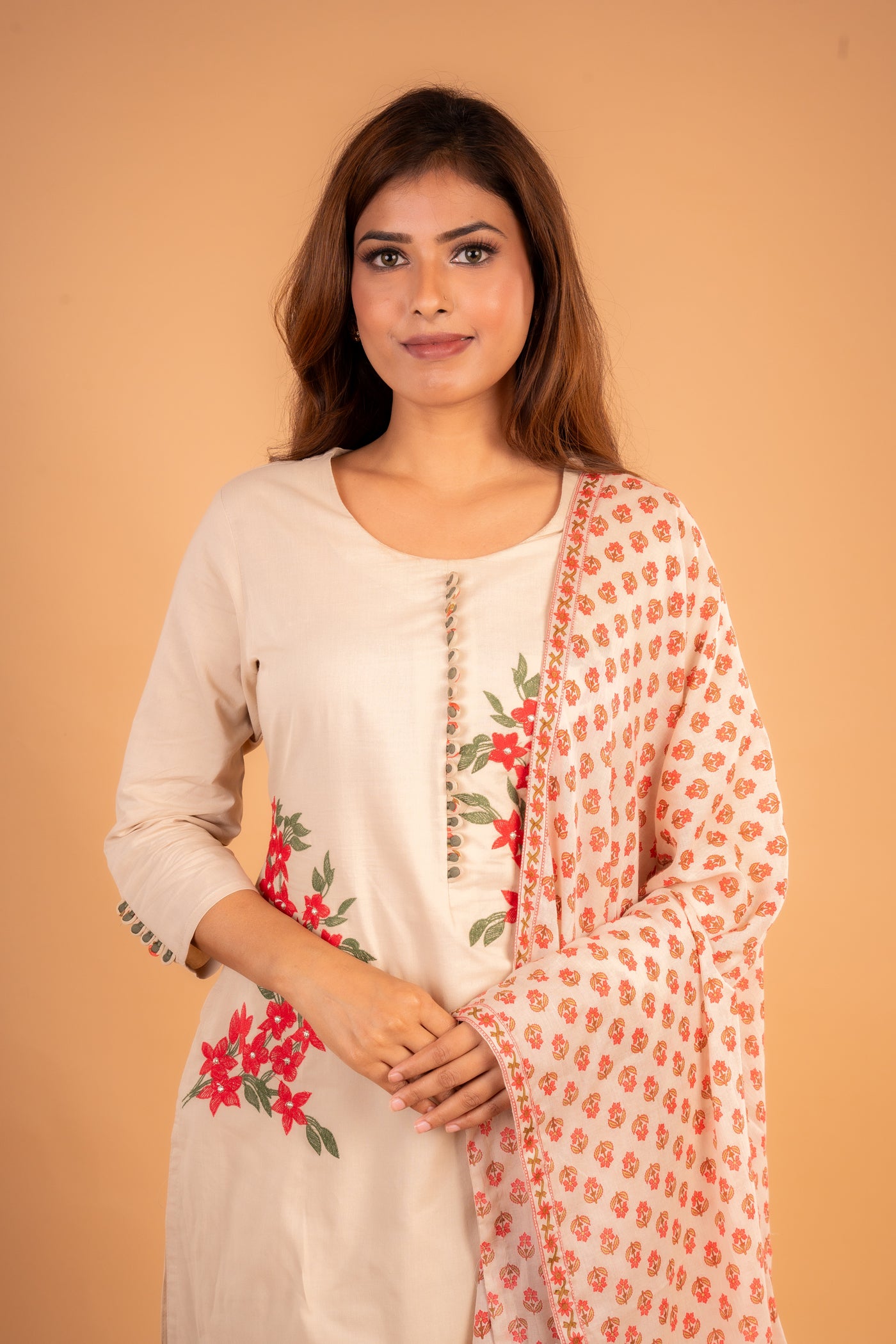 Beige Floral Embroidered Kurta set