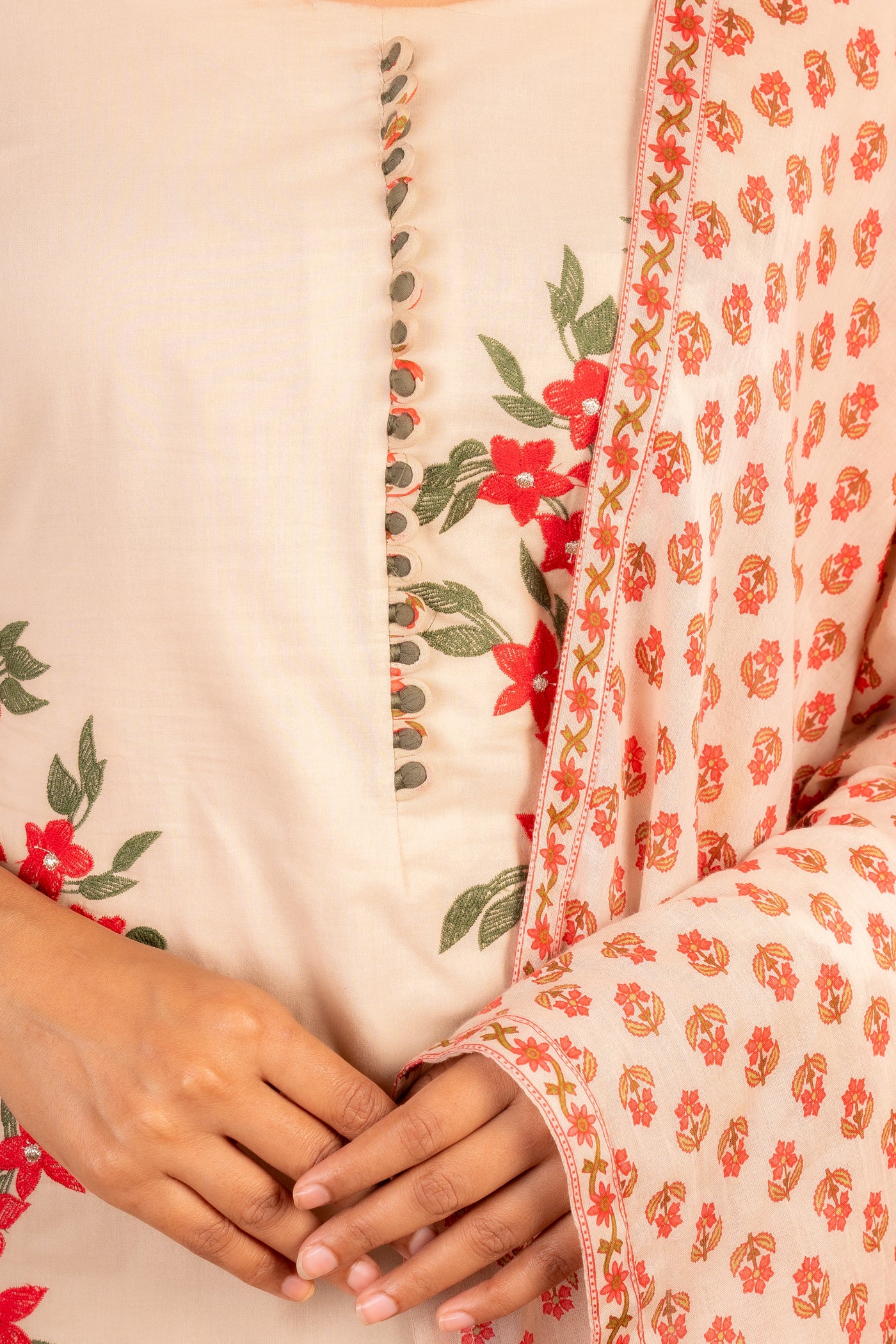 Beige Floral Embroidered Kurta set