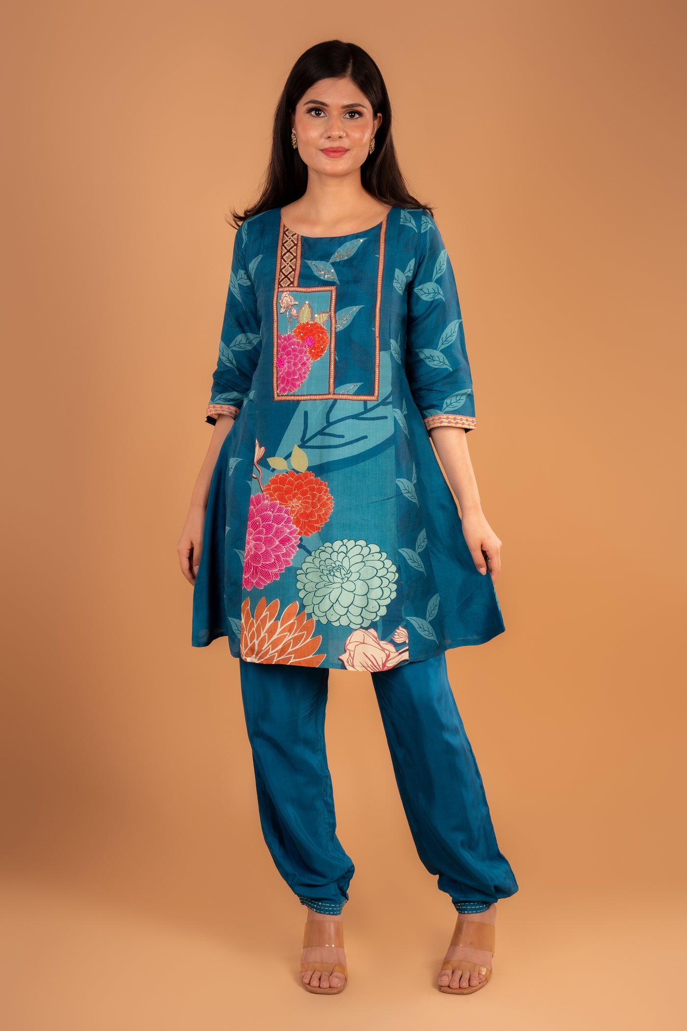 Teal blue Floral Embroidered Kurta set