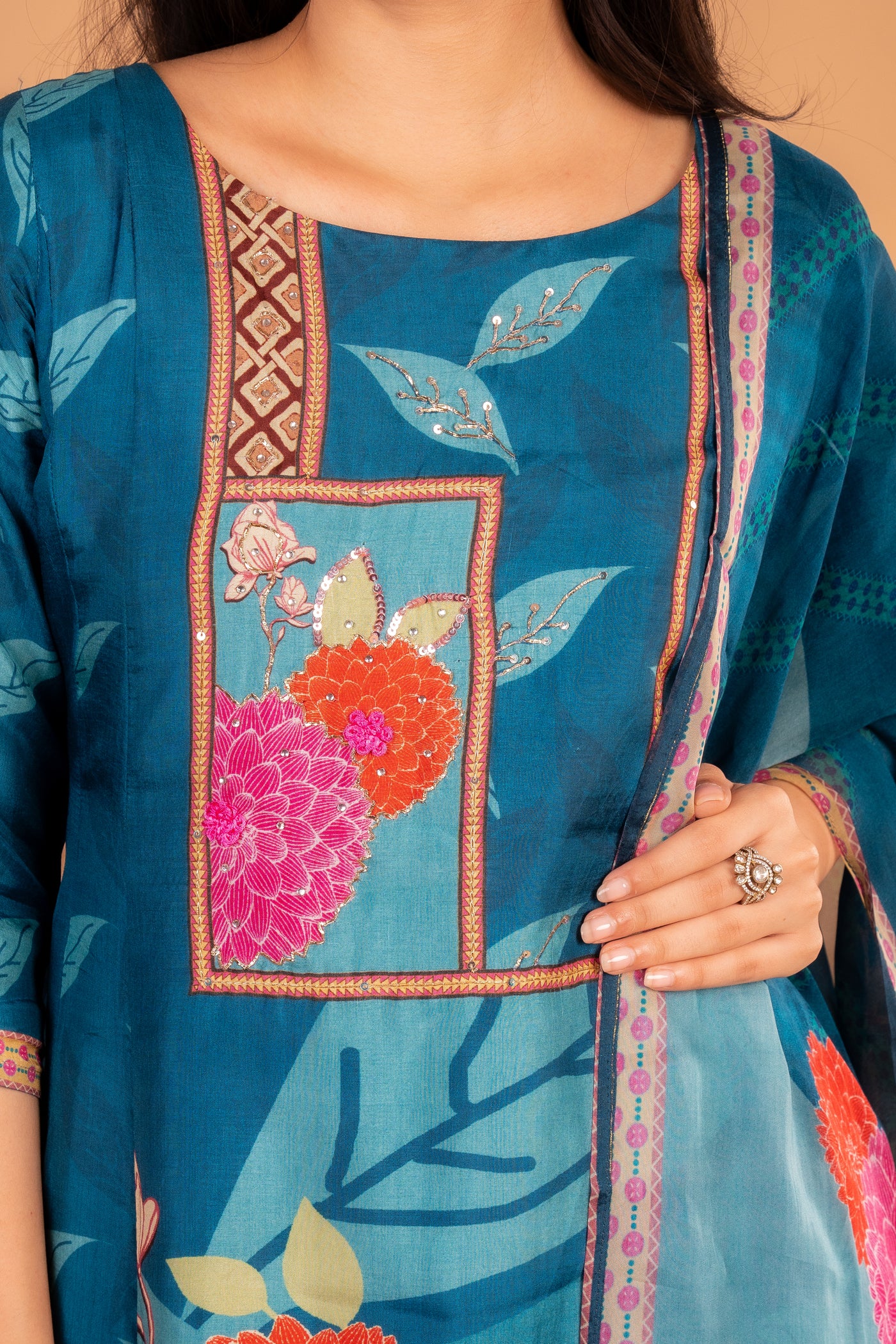 Teal blue Floral Embroidered Kurta set