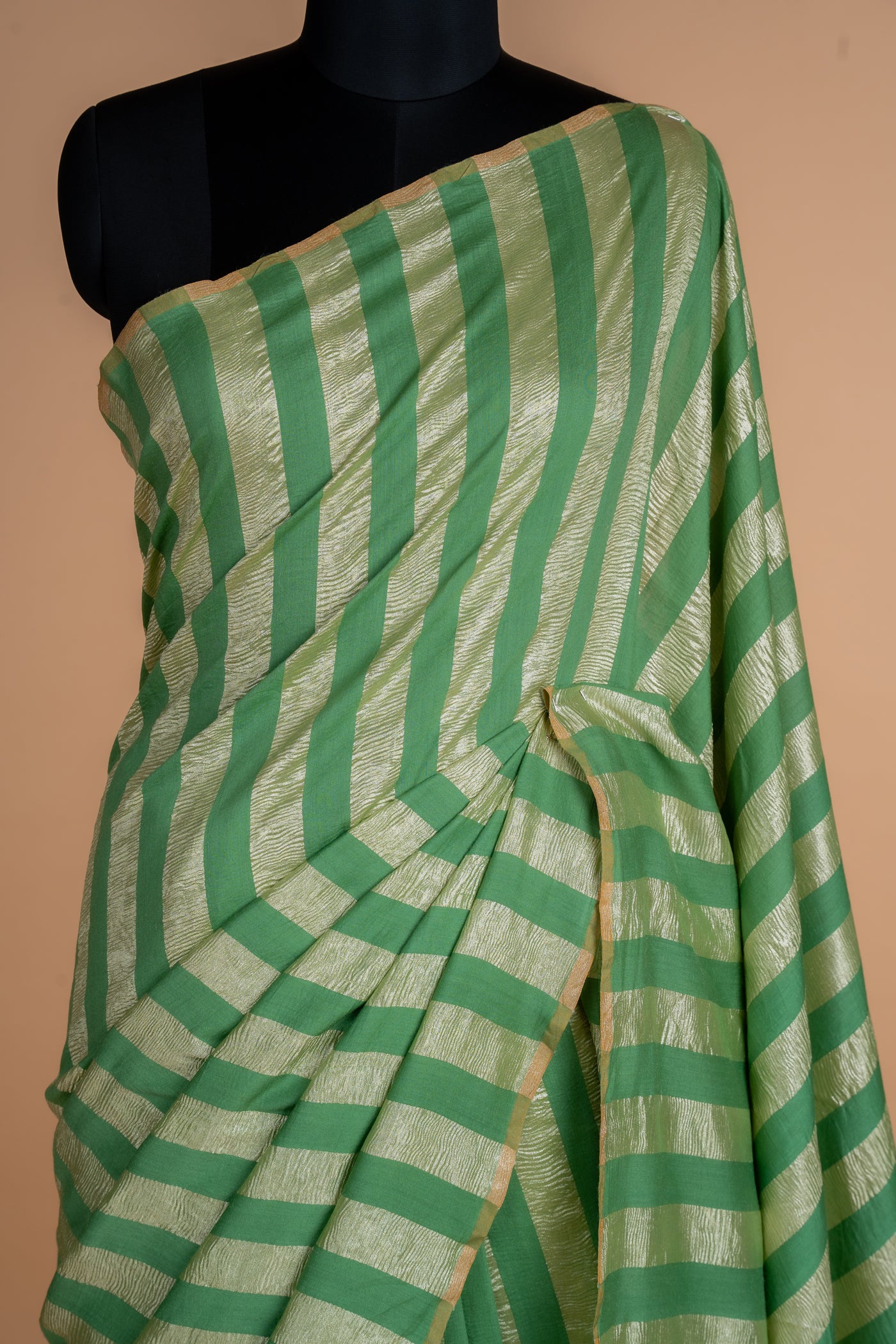 Parrot Green Zari Striped Munga Silk Saree (RTS)
