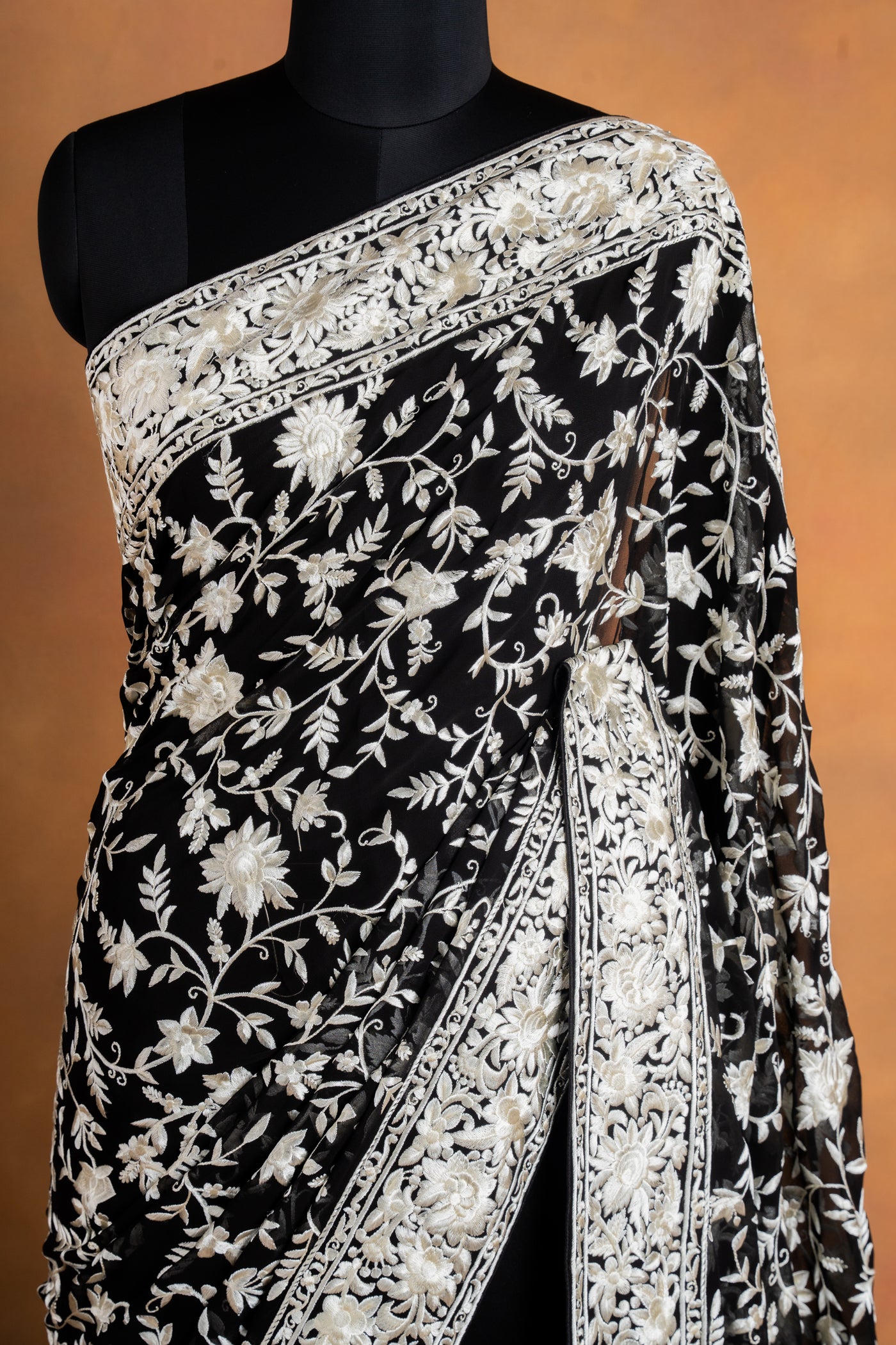 Black Georgette Parsi work Saree with White Floral Jaal & Embroidered Border (RTS)