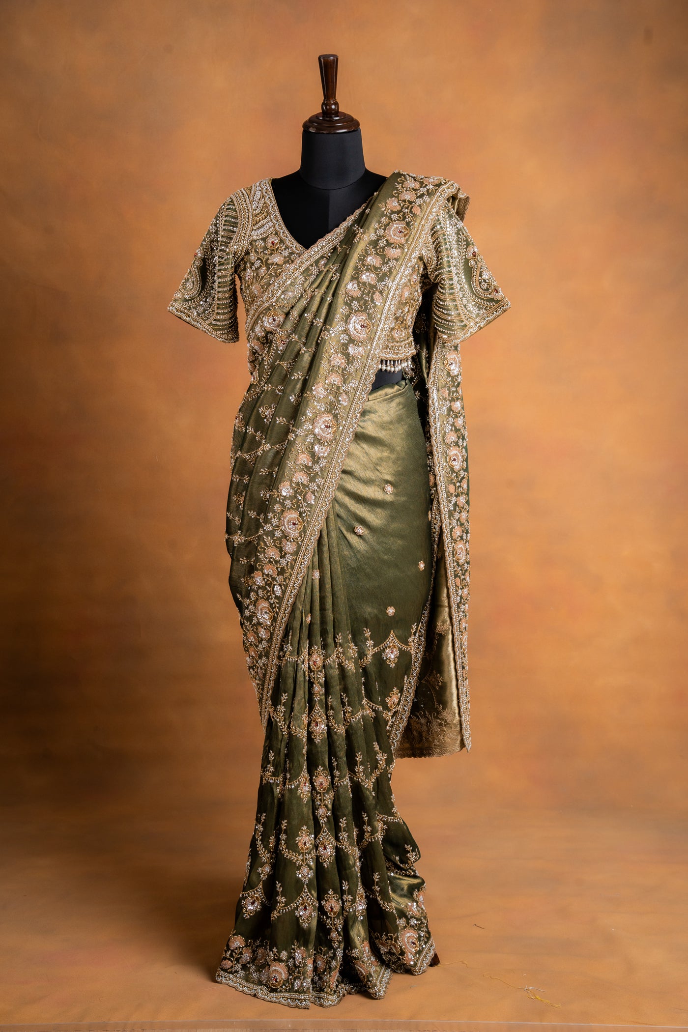 Olive Green  Embroidered  Saree with Heavy Ready made Blouse

 (RTS)