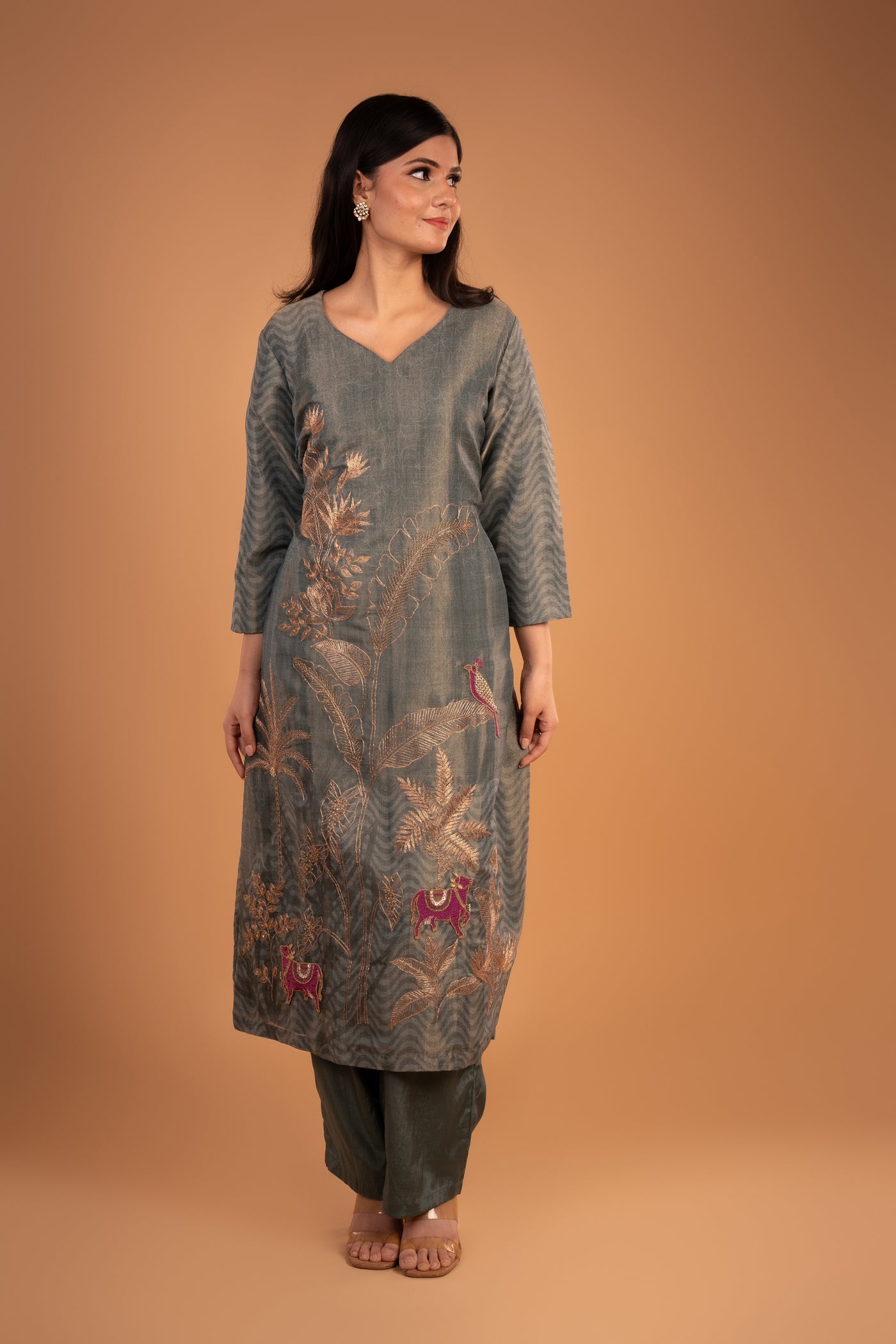 Olive Green Embroidery Kurta set with Peacock & cow Motif
