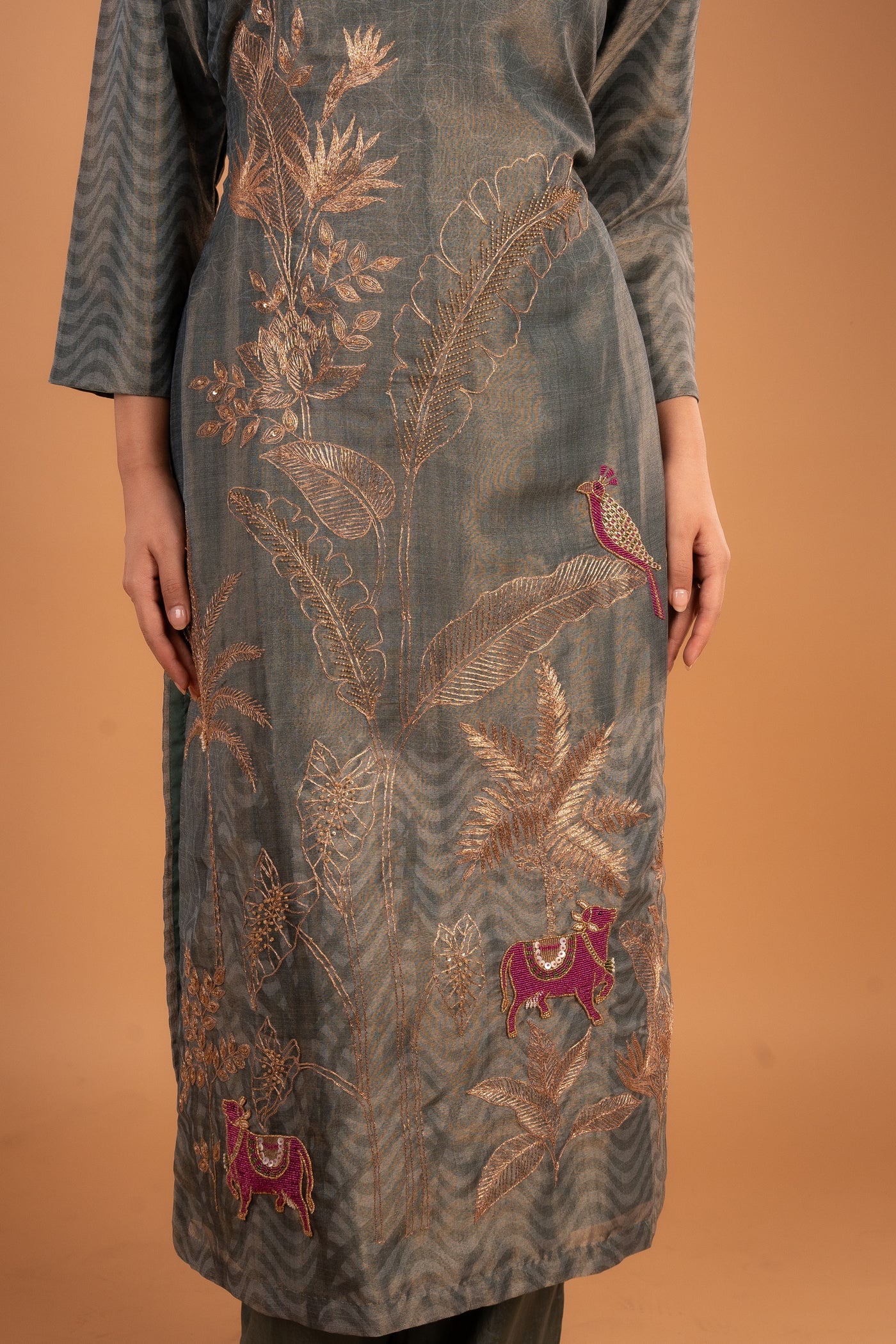 Olive Green Embroidery Kurta set with Peacock & cow Motif