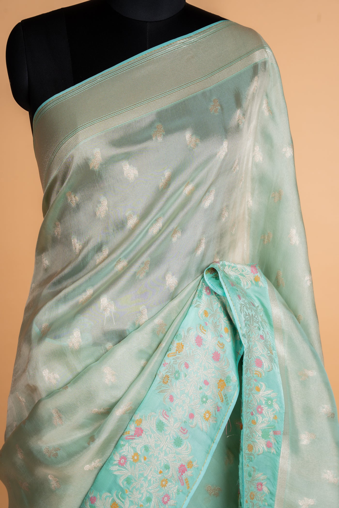 Ice Blue Kora Tissue Banarasi Saree with Meenakari Border (RTS)