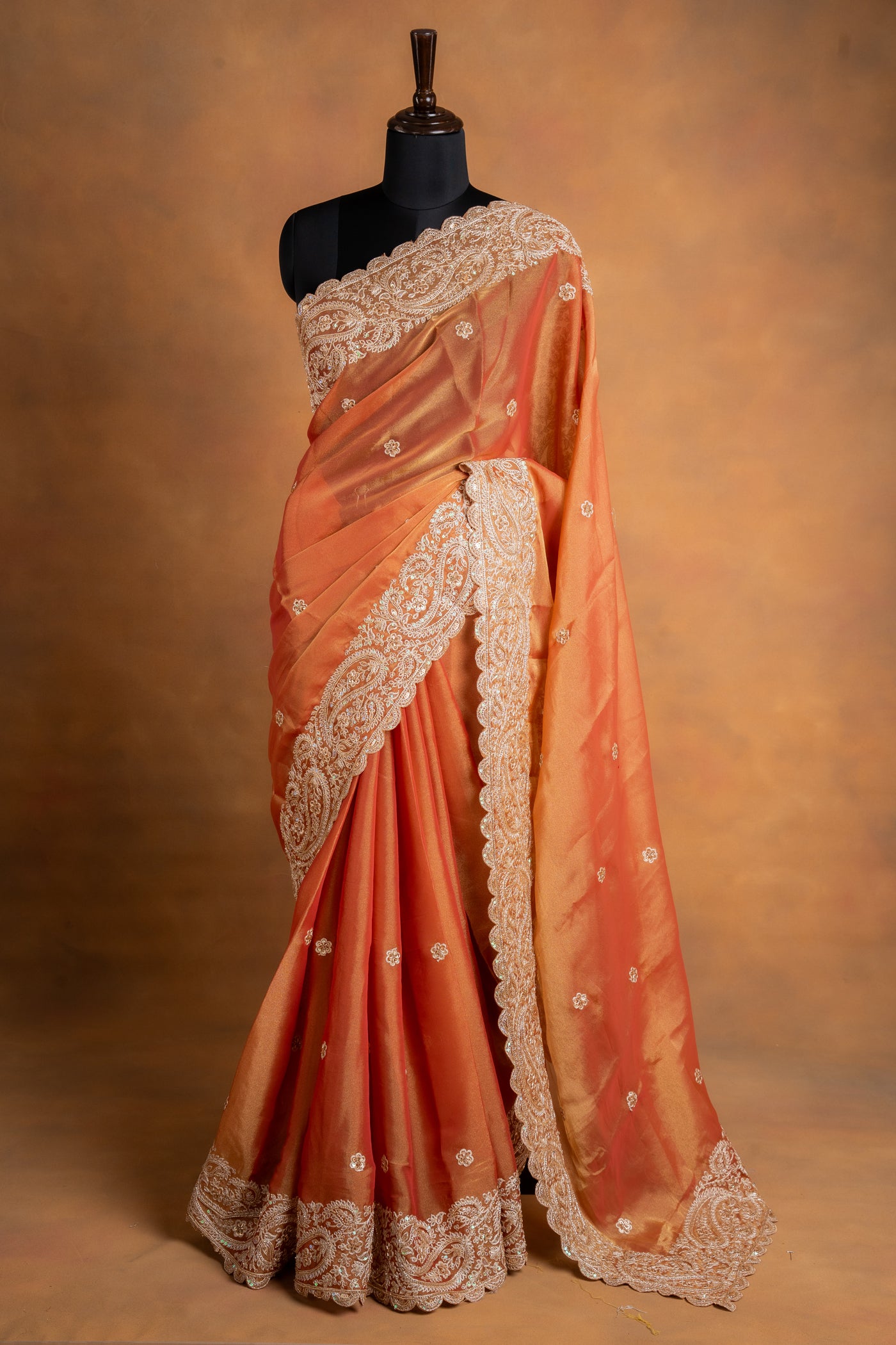 Rose Gold Tissue Saree with Heavy Scallop Border (RTS)