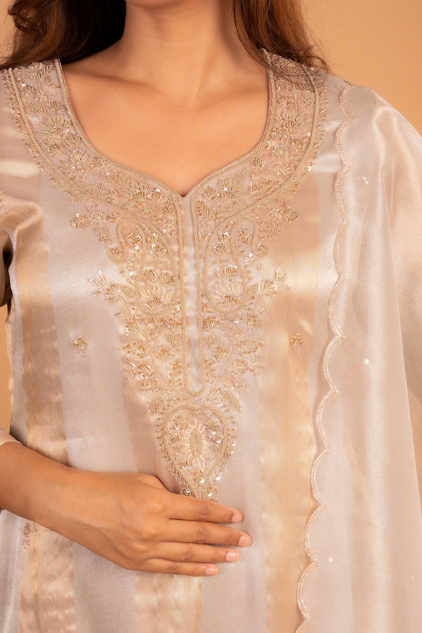 Beige Tissue silk Kurta set with Gold Hand Embroidery