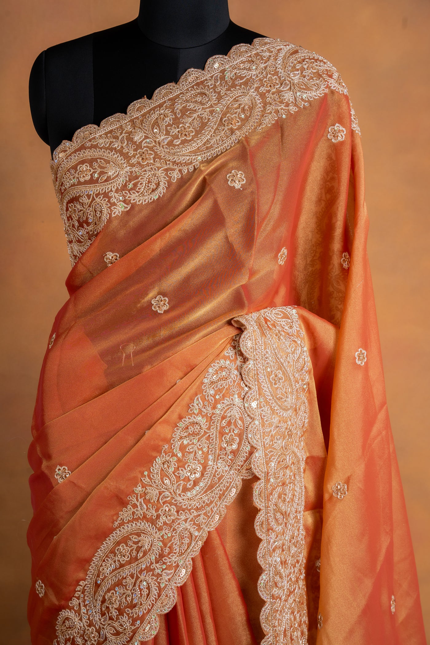 Rose Gold Tissue Saree with Heavy Scallop Border (RTS)