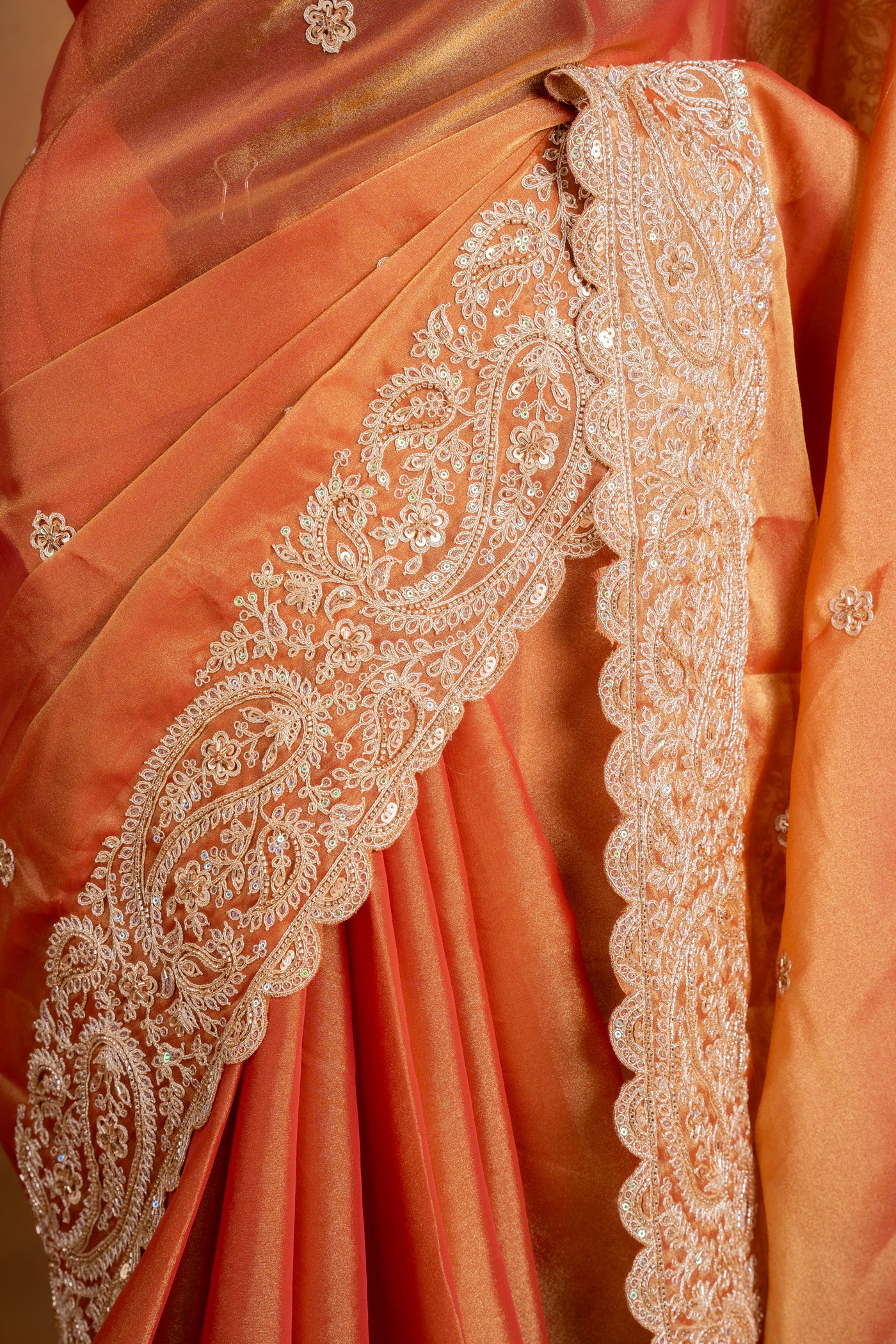 Rose Gold Tissue Saree with Heavy Scallop Border (RTS)
