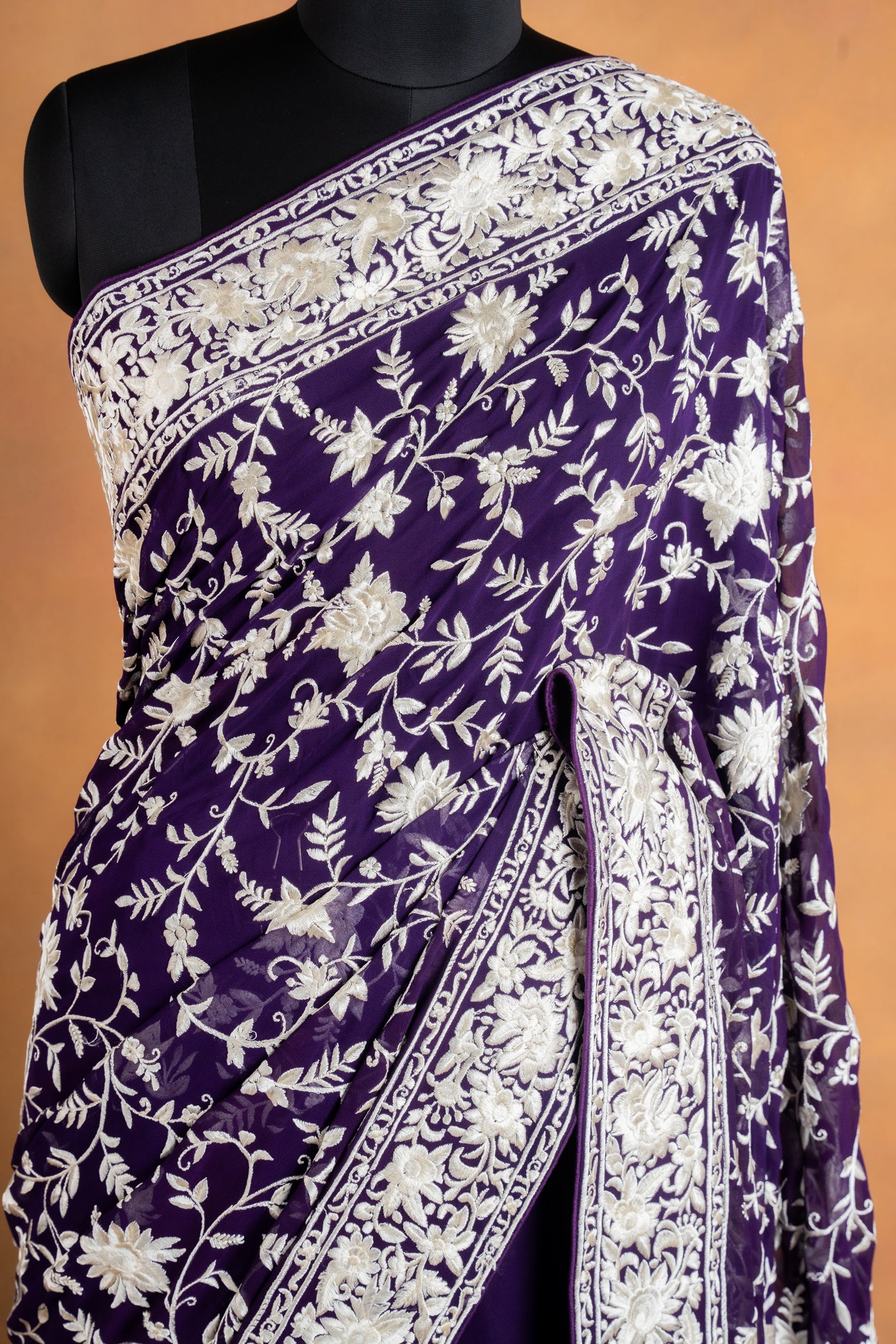 Purple Georgette Parsi Gara Saree with White Floral Jaal Embroidery (RTS)