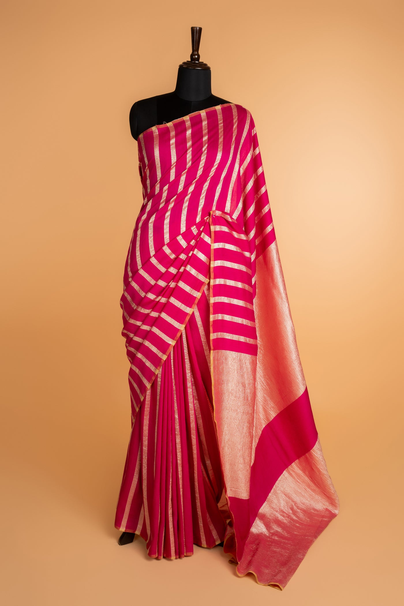 Magenta Munga Silk Saree with Silver Zari Stripes & Tissue Pallu (RTS)