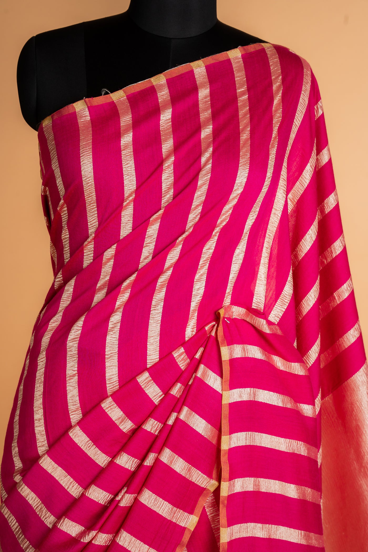 Magenta Munga Silk Saree with Silver Zari Stripes & Tissue Pallu (RTS)