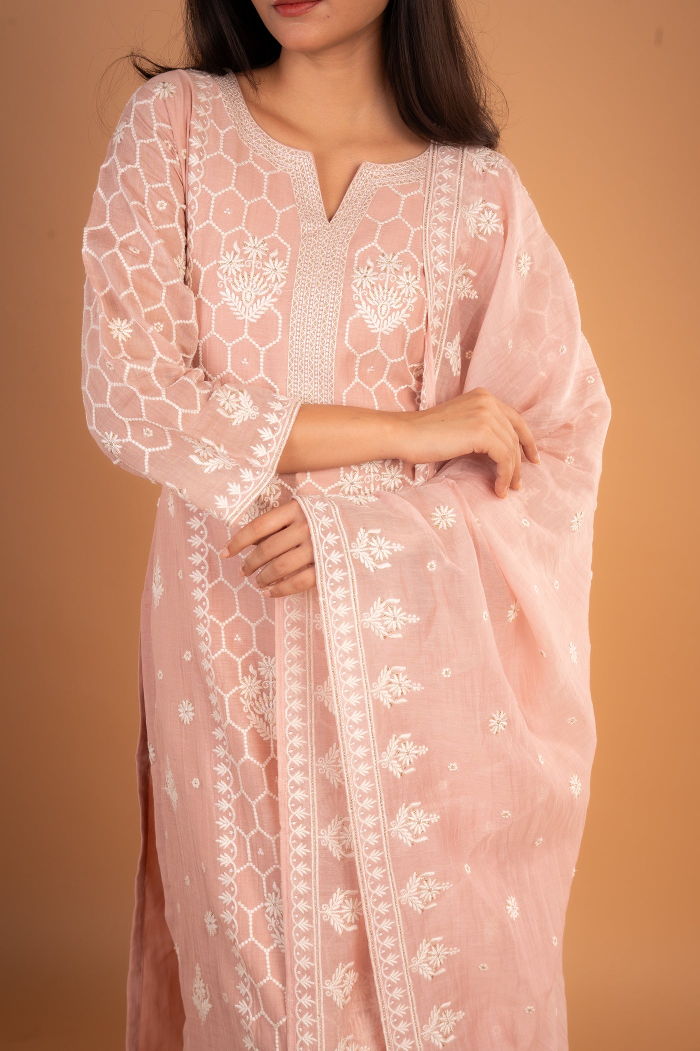 Peach  Chikankari Embroidered Kurta set