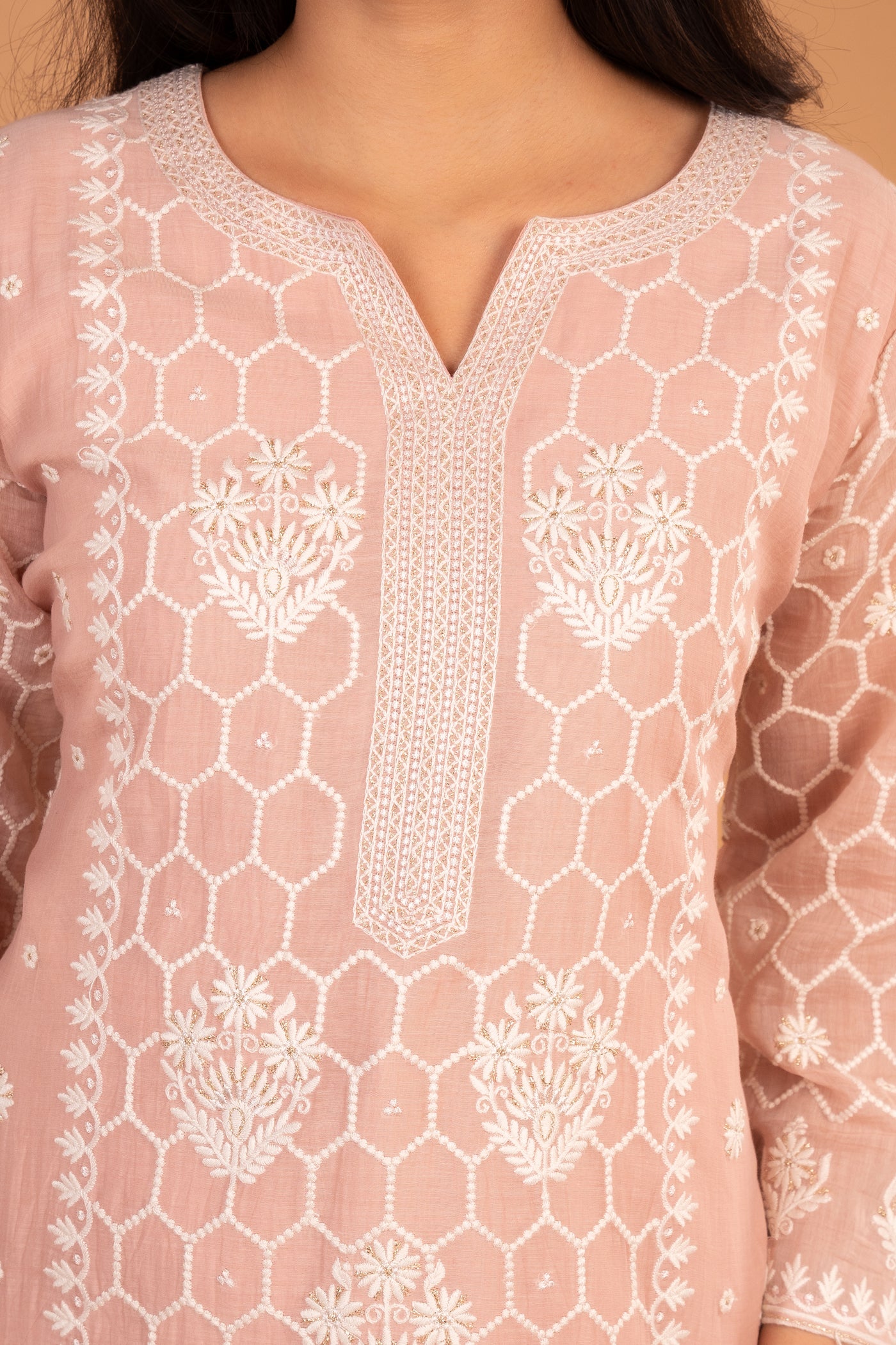 Peach  Chikankari Embroidered Kurta set