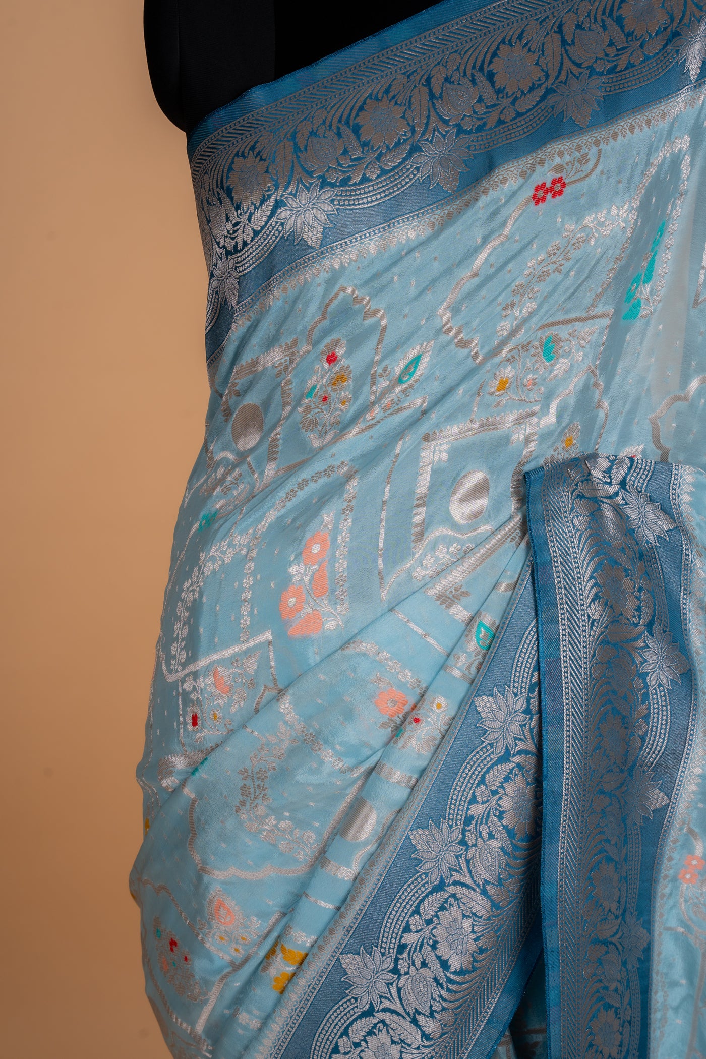 Powder Blue Banarasi Crepe Saree with Meenakari Jaal & Contrast Pallu (RTS)
