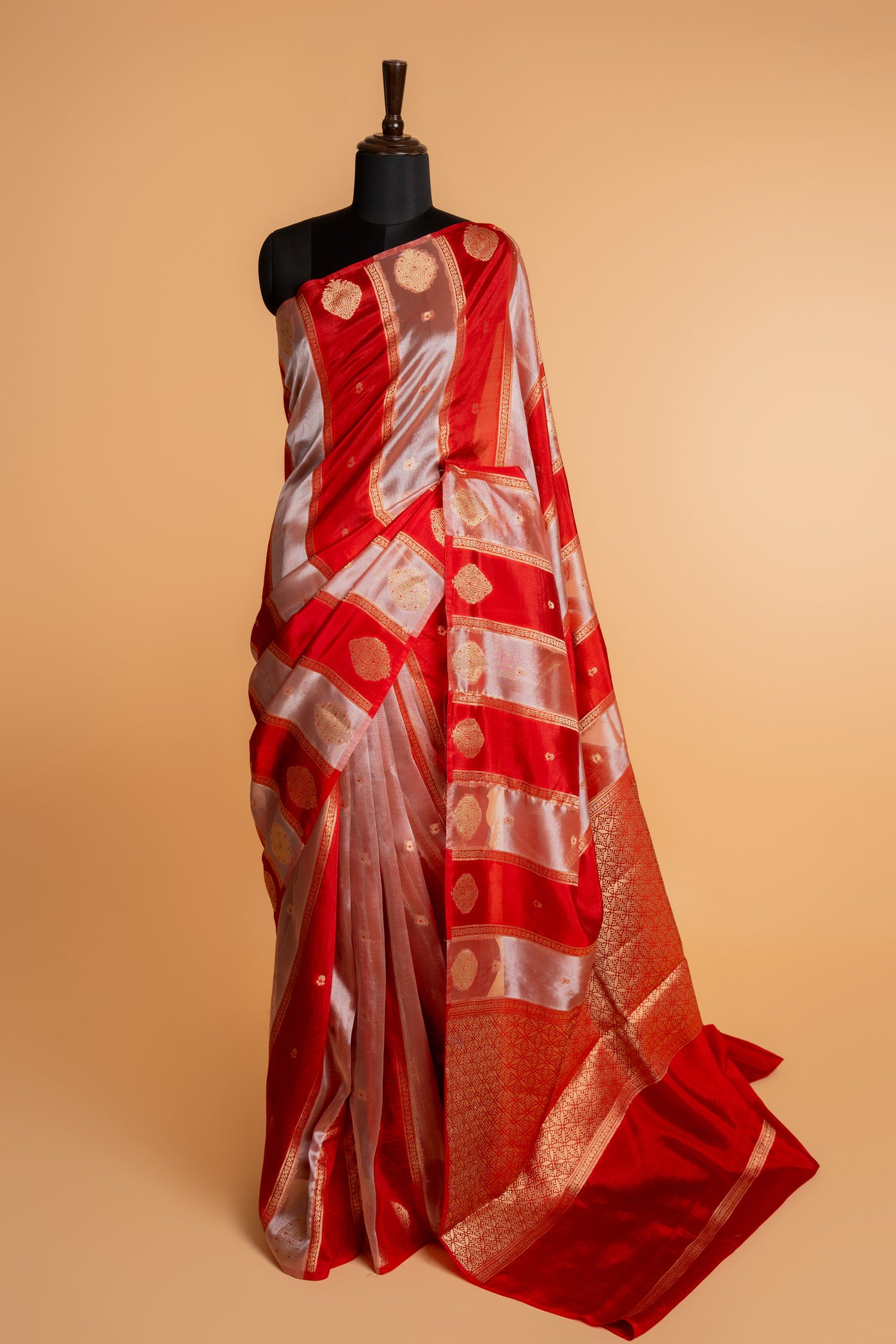 Maroon & Silver Silk Tissue Banarasi Saree with Diagonal Stripes (RTS)