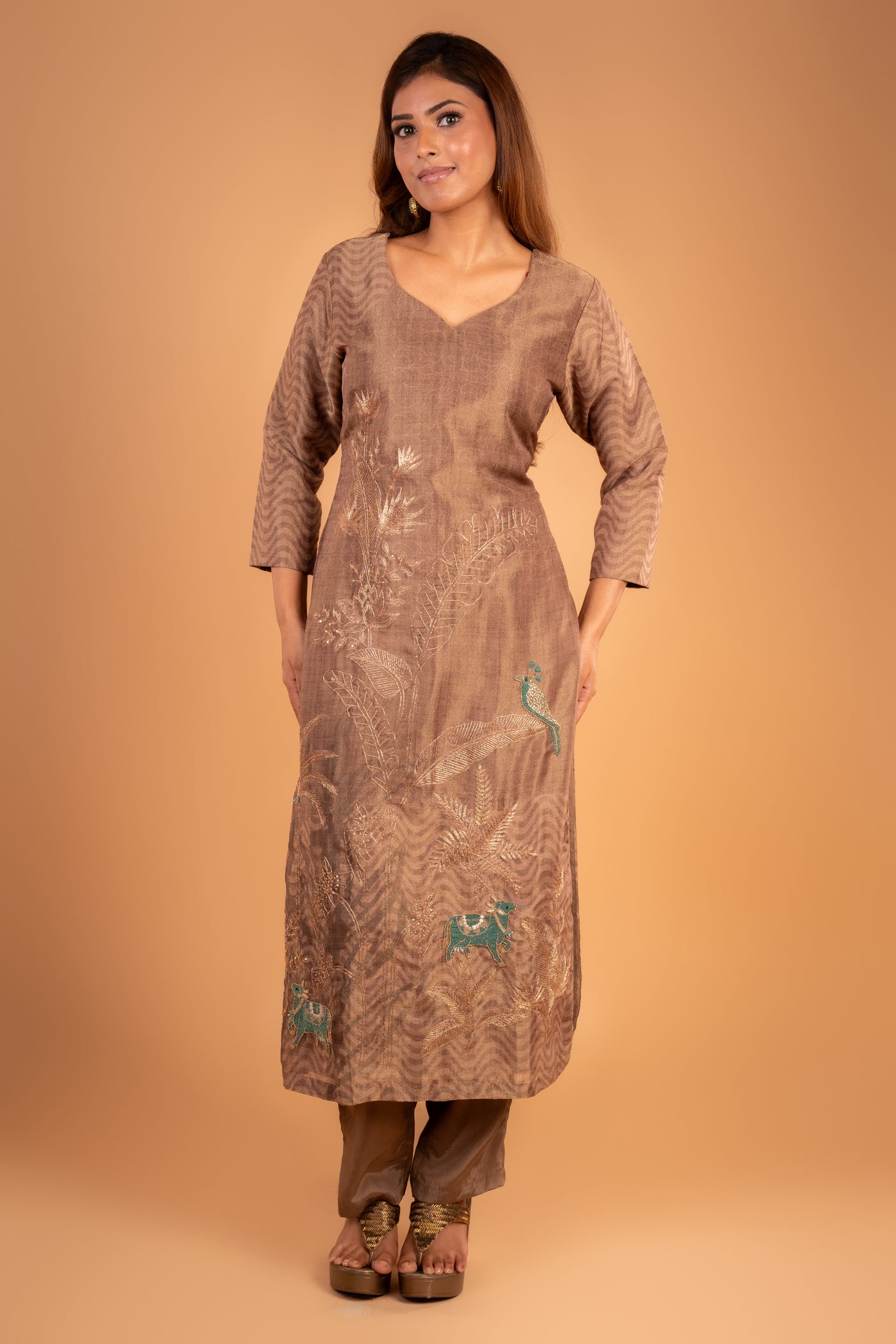 Bronze Embroidery Kurta set with Peacock & cow Motif