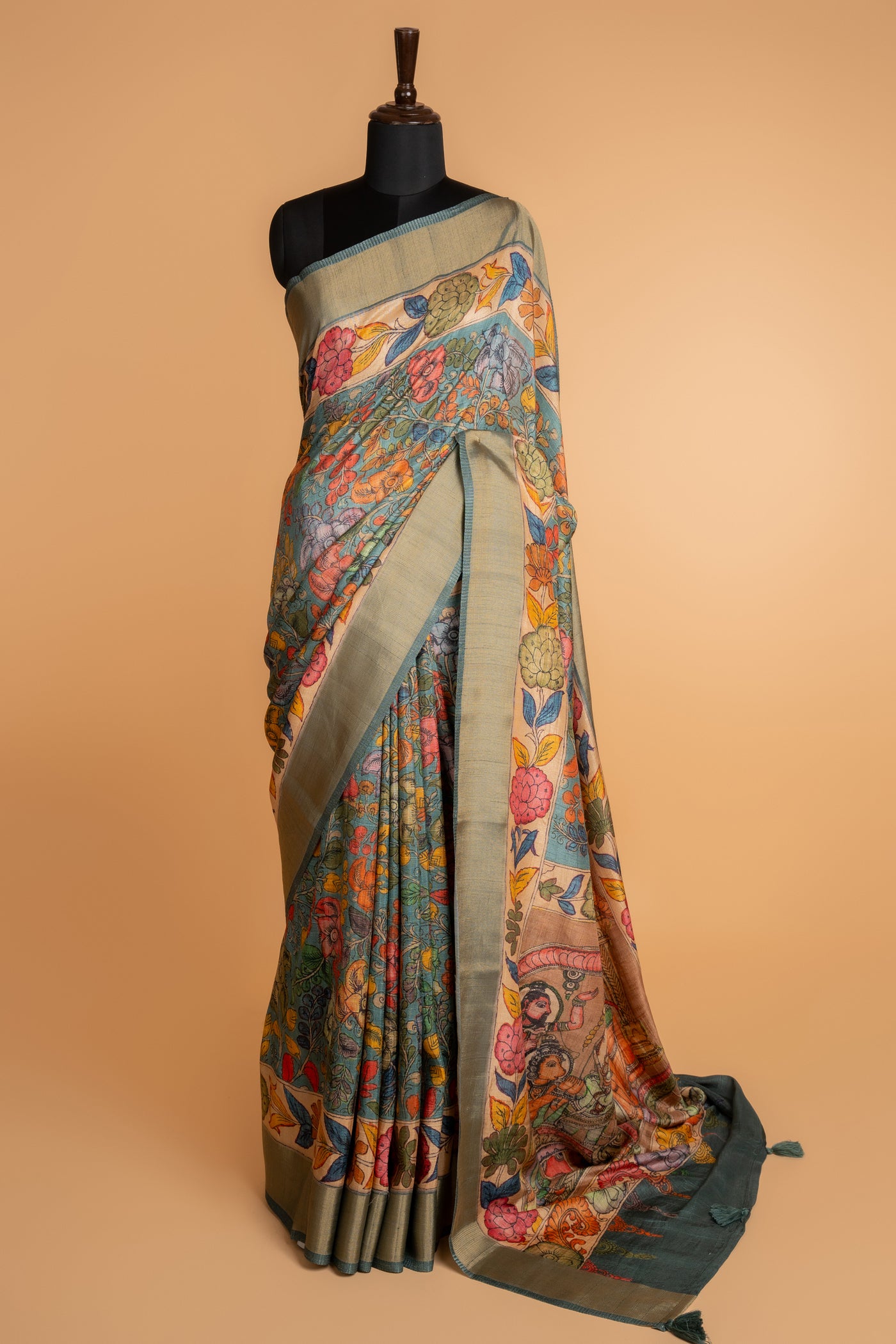 Teal Blue Tussar Silk Hand-Painted Kalamkari Saree (RTS)