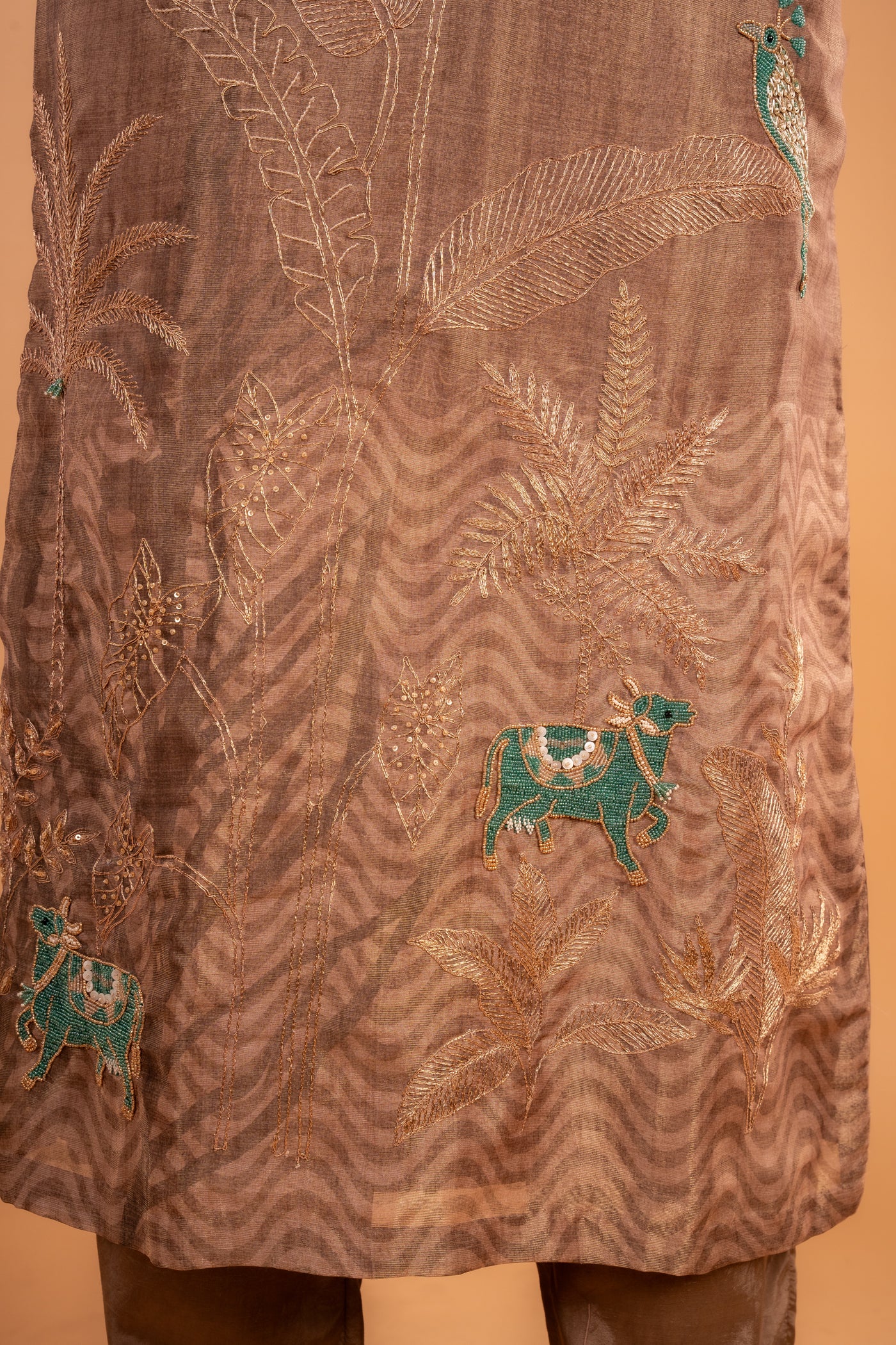 Bronze Embroidery Kurta set with Peacock & cow Motif