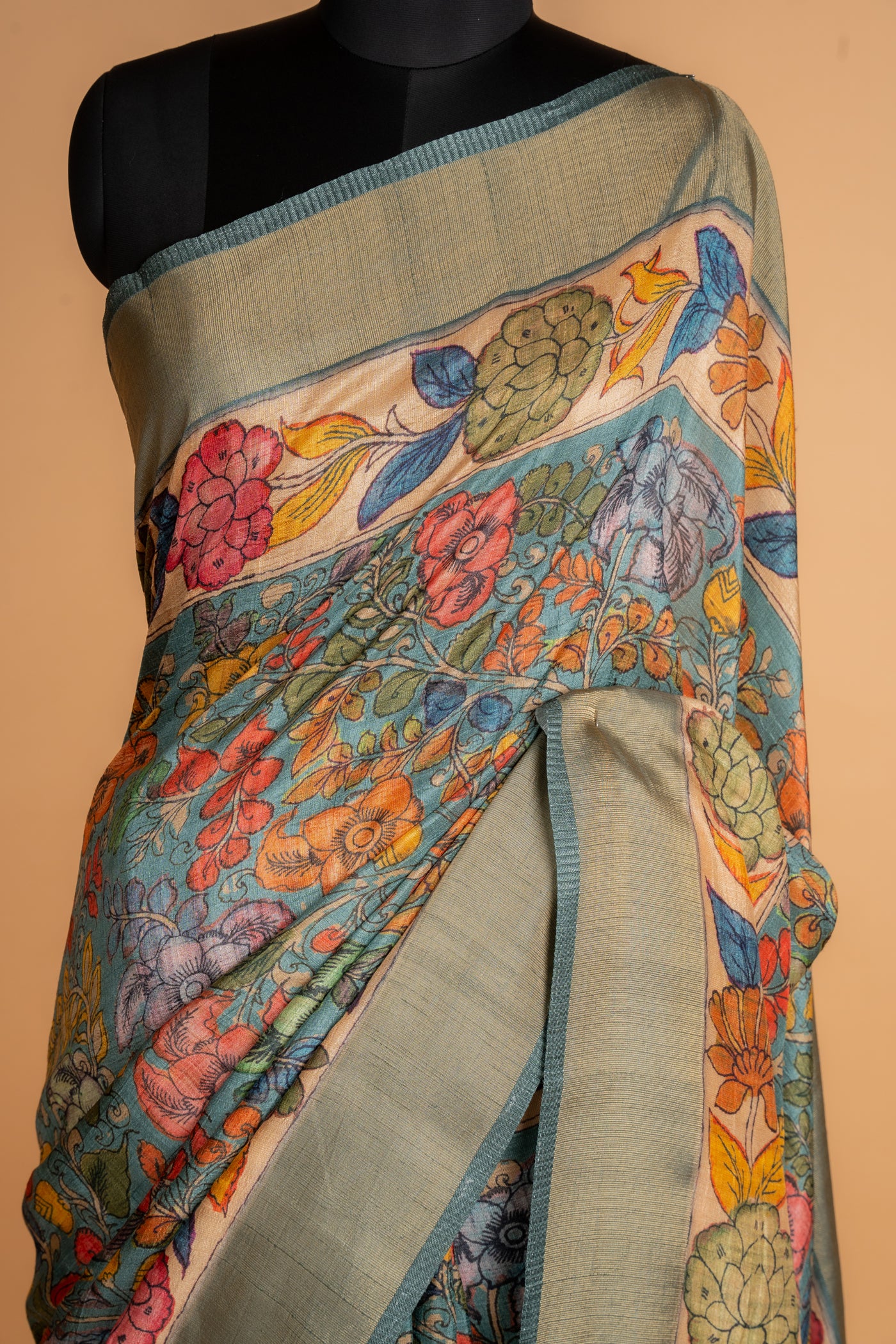 Teal Blue Tussar Silk Hand-Painted Kalamkari Saree (RTS)